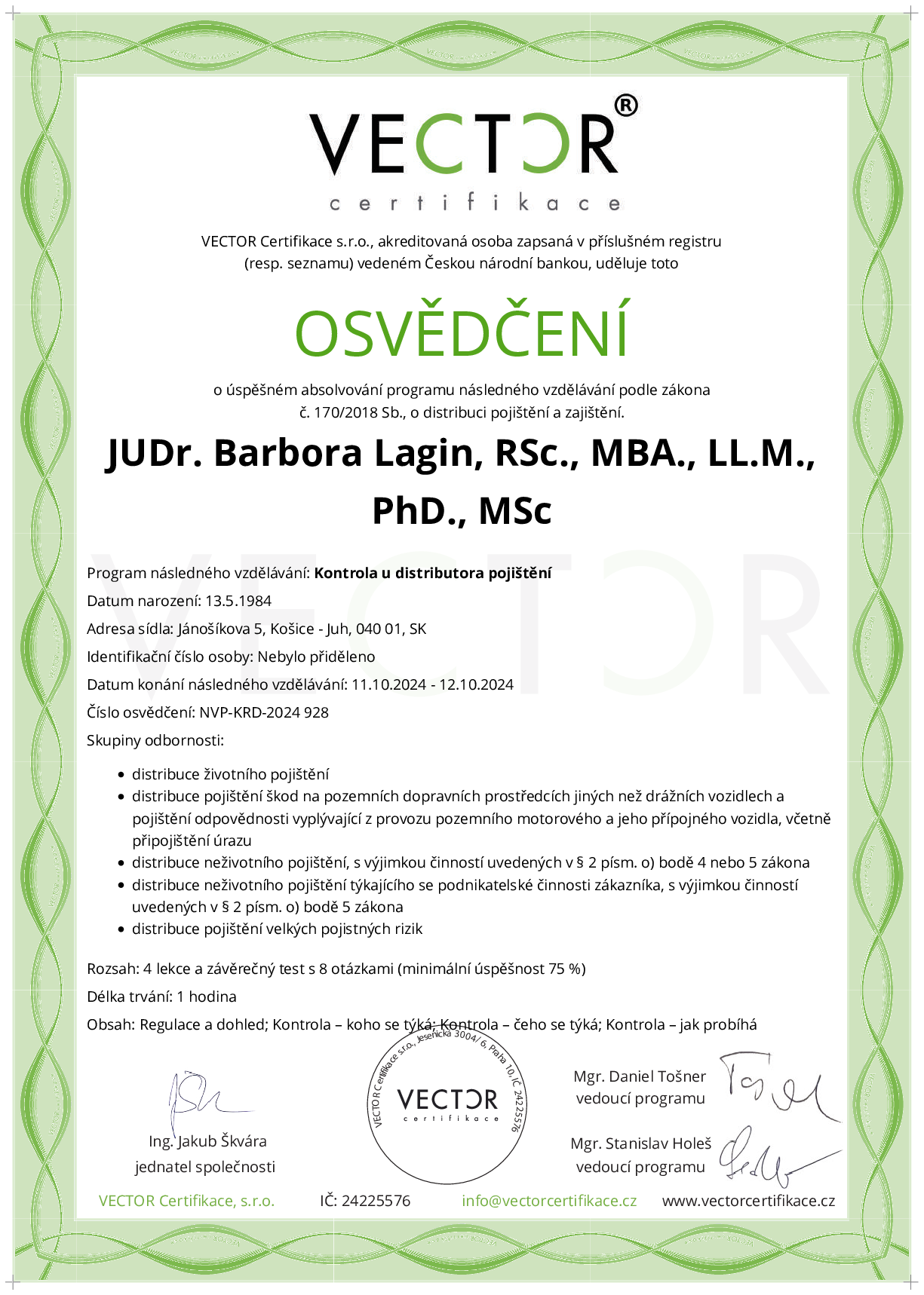 Osvědčení kurzu: Kontrola u distributora pojištění (NVP-KRD-2024)