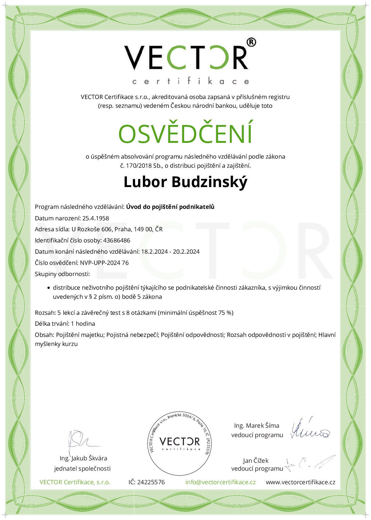 Osvědčení kurzu: Úvod do pojištění podnikatelů (NVP-UPP-2024)