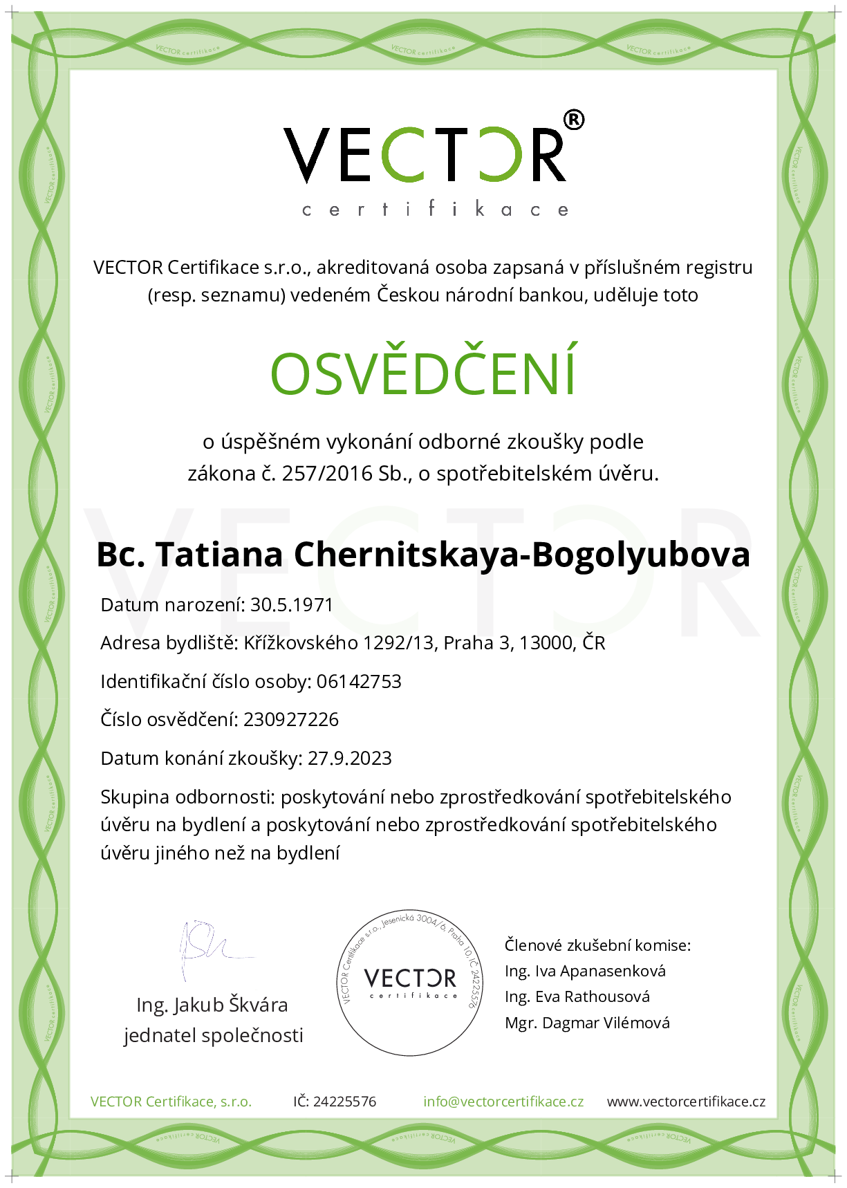 Osvědčení ze zkoušky: IV. ZSU-ABC - Souhrnná zkouška na úvěry