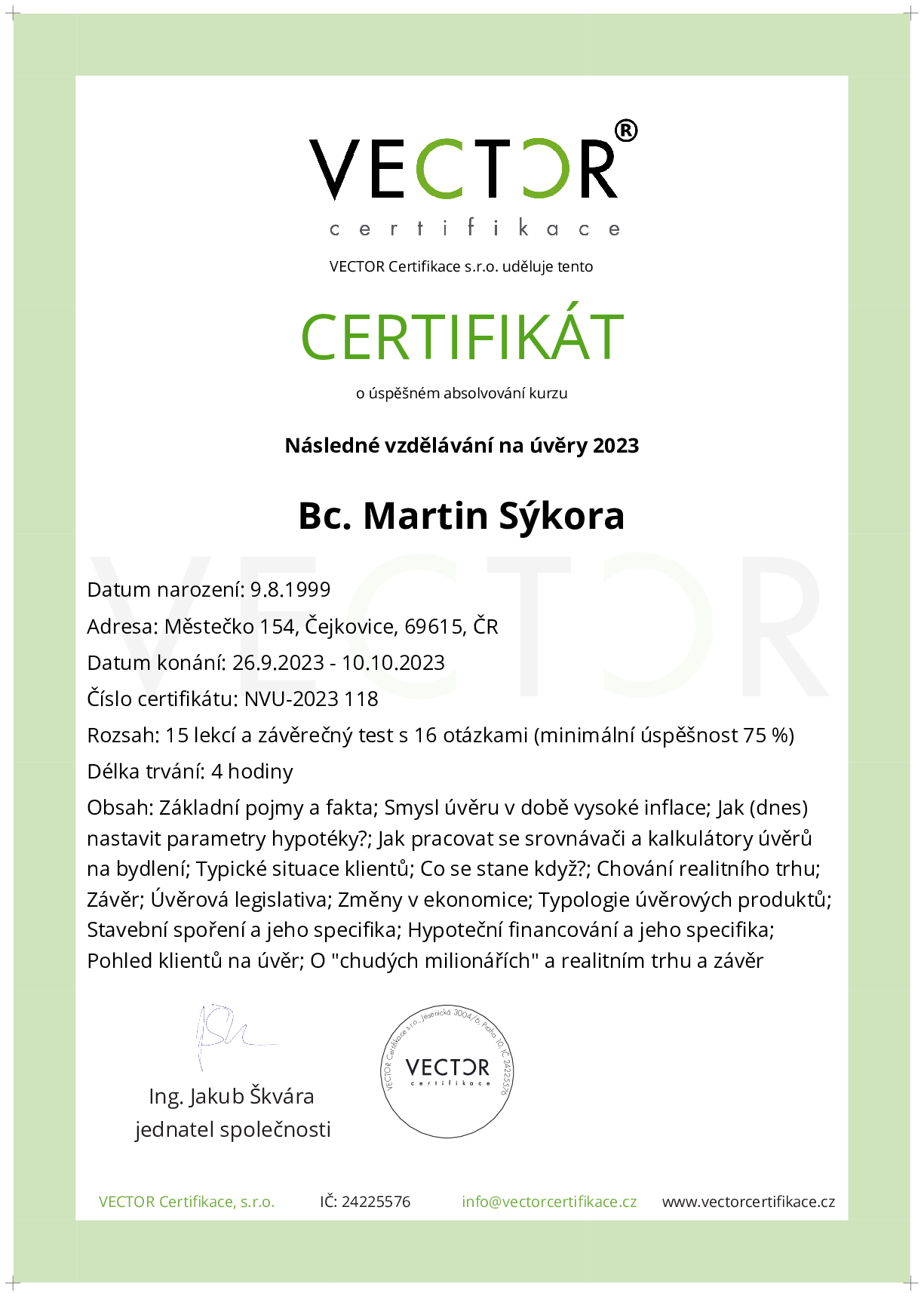 Osvědčení kurzu: Následné vzdělávání na úvěry 2023 (NVU-2023)