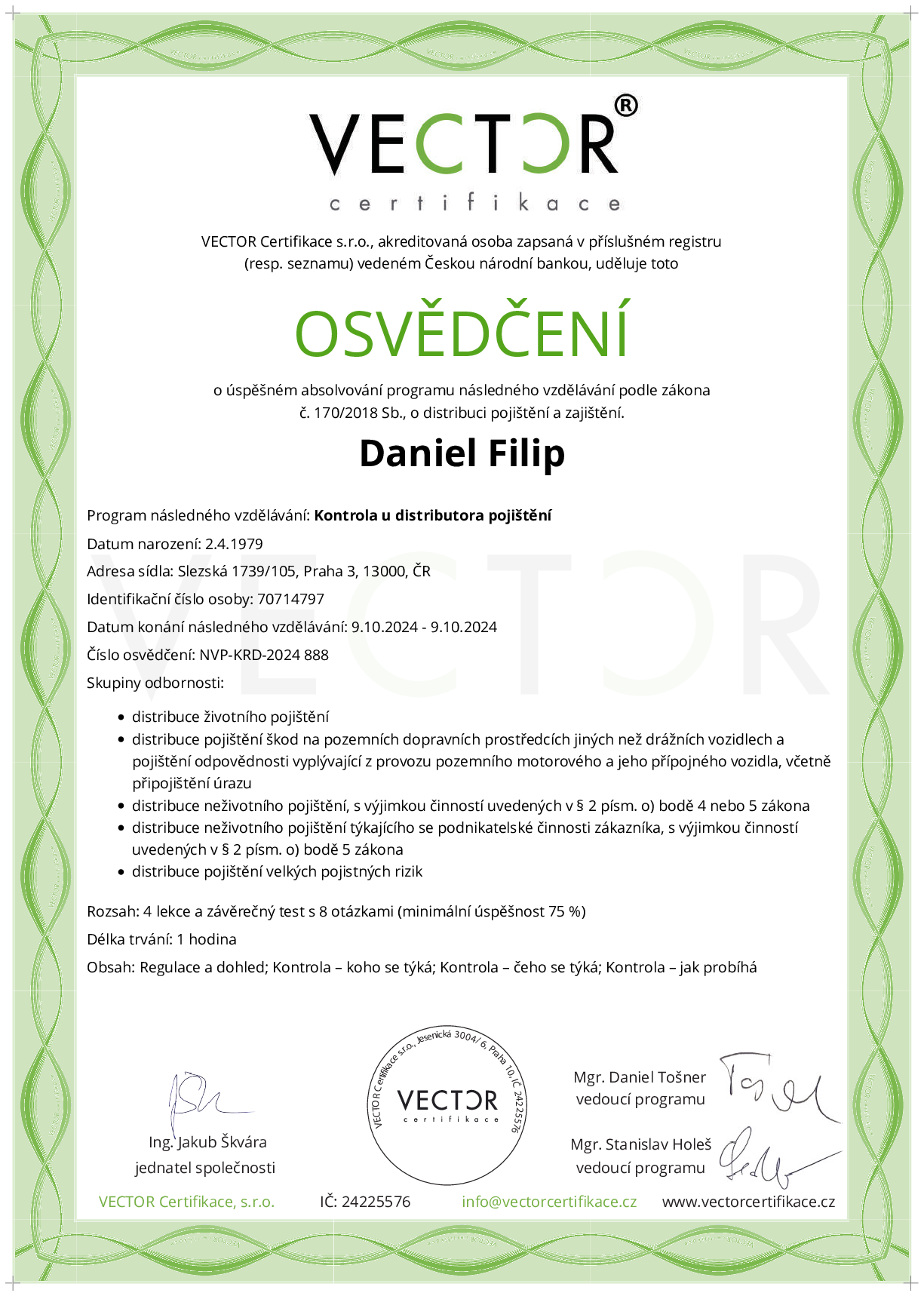 Osvědčení kurzu: Kontrola u distributora pojištění (NVP-KRD-2024)