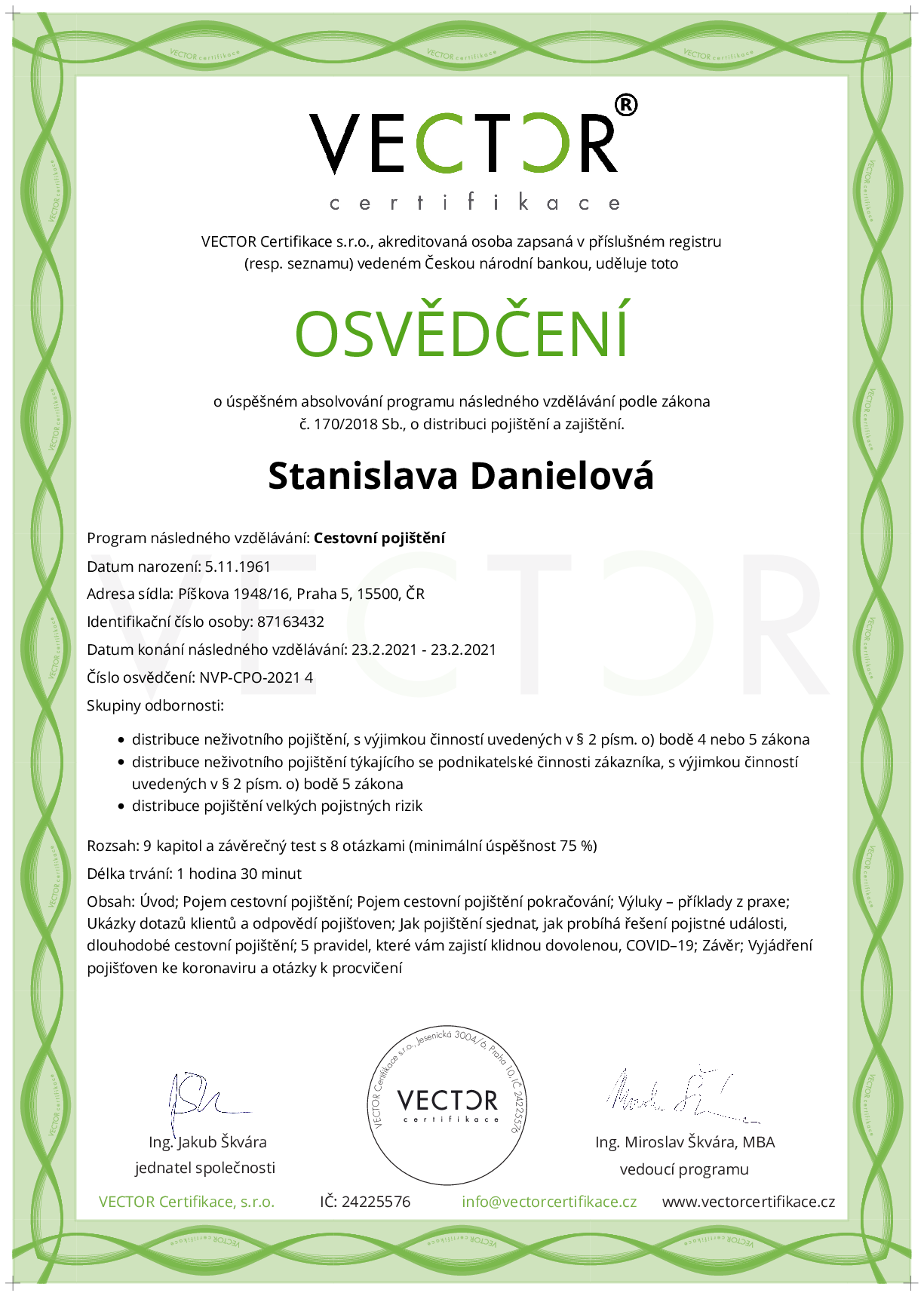 Osvědčení kurzu: Cestovní pojištění (NVP-CPO-2021)