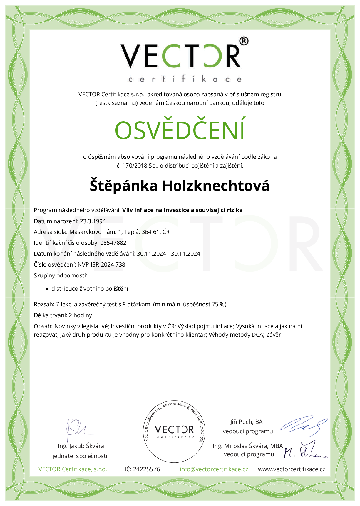 Osvědčení kurzu: Vliv inflace na investice a související rizika (NVP-ISR-2024)