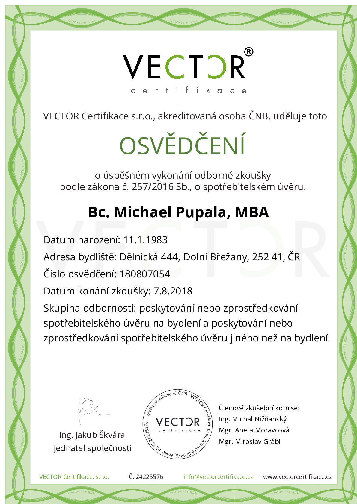Osvědčení ze zkoušky: IV. ZSU-ABC - Souhrnná zkouška na úvěry