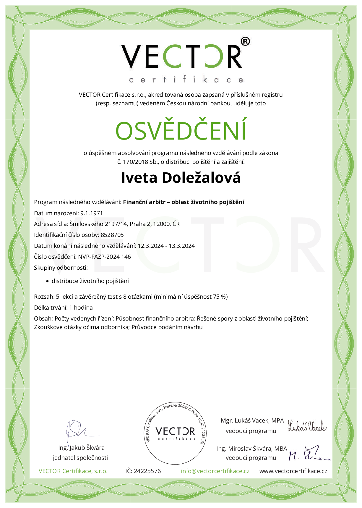 Osvědčení kurzu: Finanční arbitr – oblast životního pojištění (NVP-FAZP-2024)