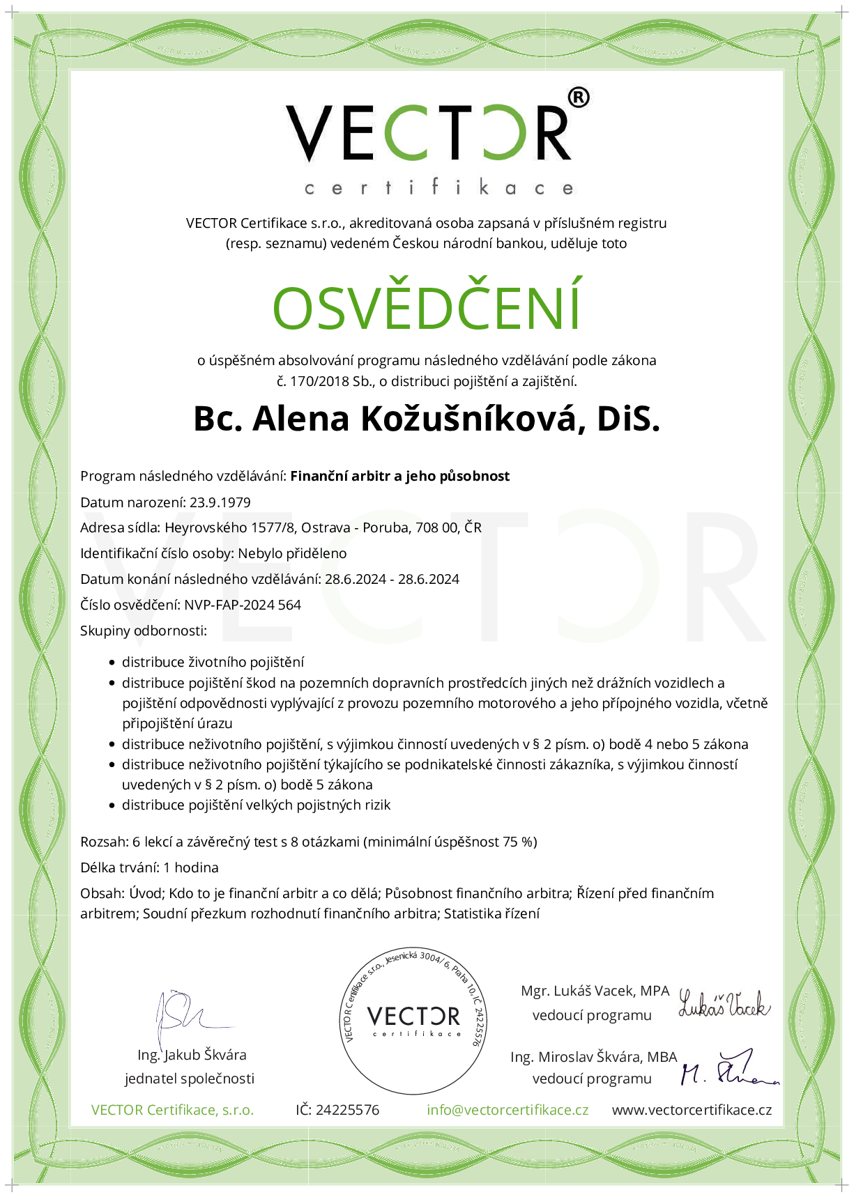 Osvědčení kurzu: Finanční arbitr a jeho působnost (NVP-FAP-2024)