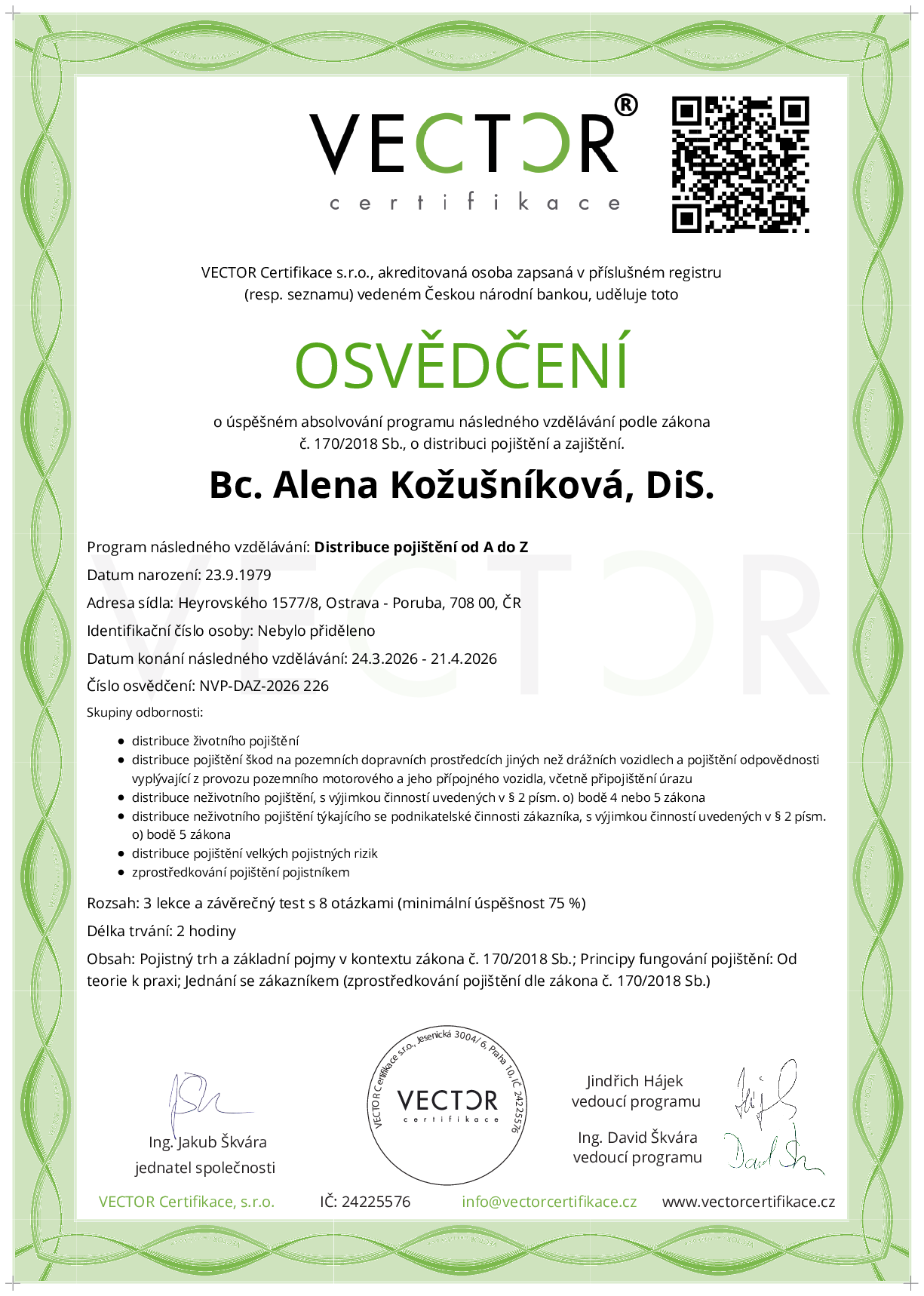 Osvědčení kurzu: Distribuce pojištění od A do Z (NVP-DAZ-2026)