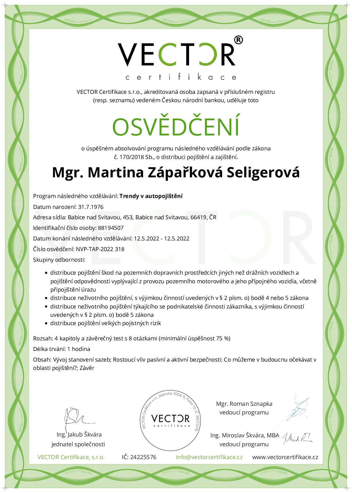 Osvědčení kurzu: Trendy v autopojištění (NVP-TAP-2022)