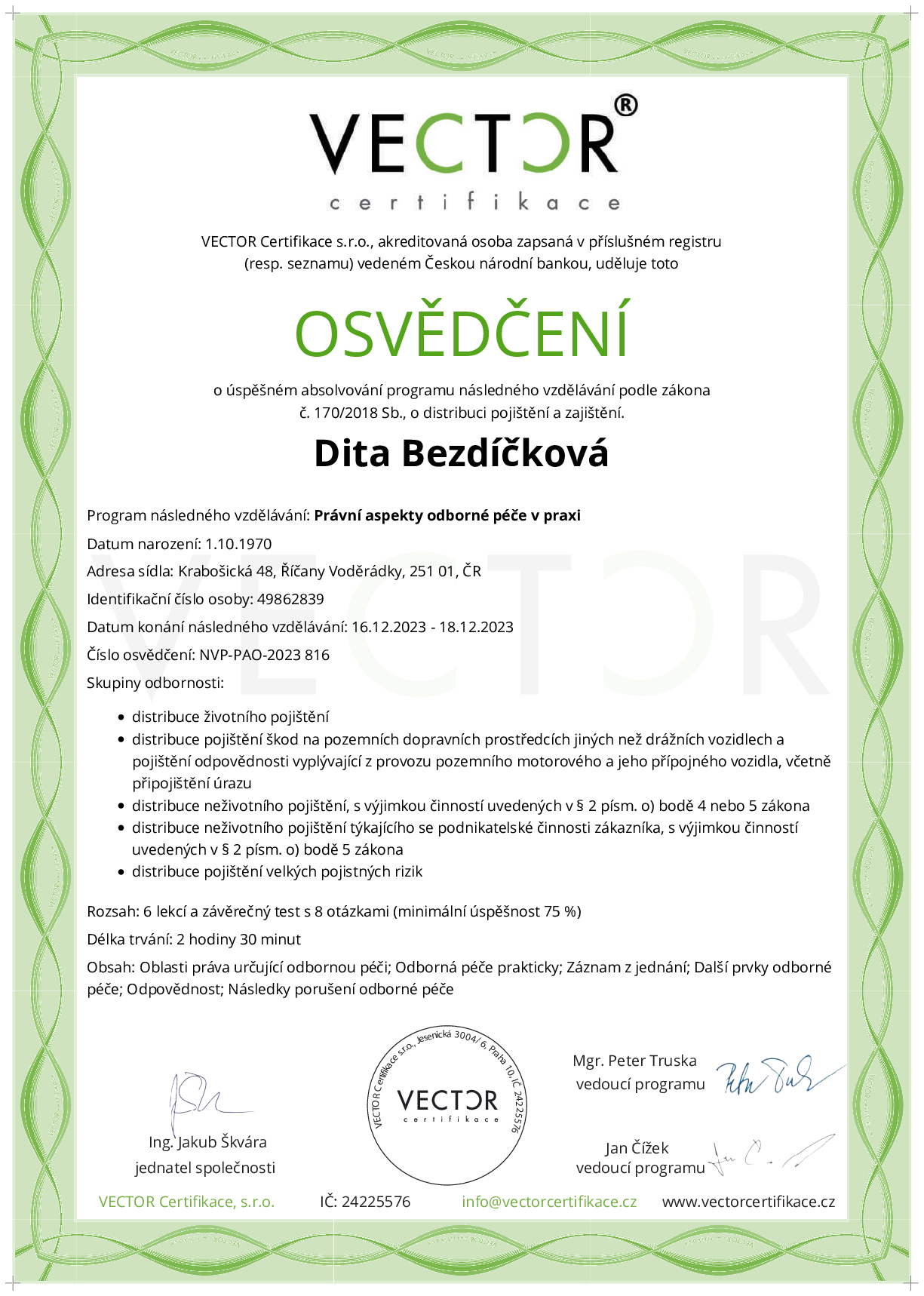 Osvědčení kurzu: Právní aspekty odborné péče v praxi (NVP-PAO-2023)