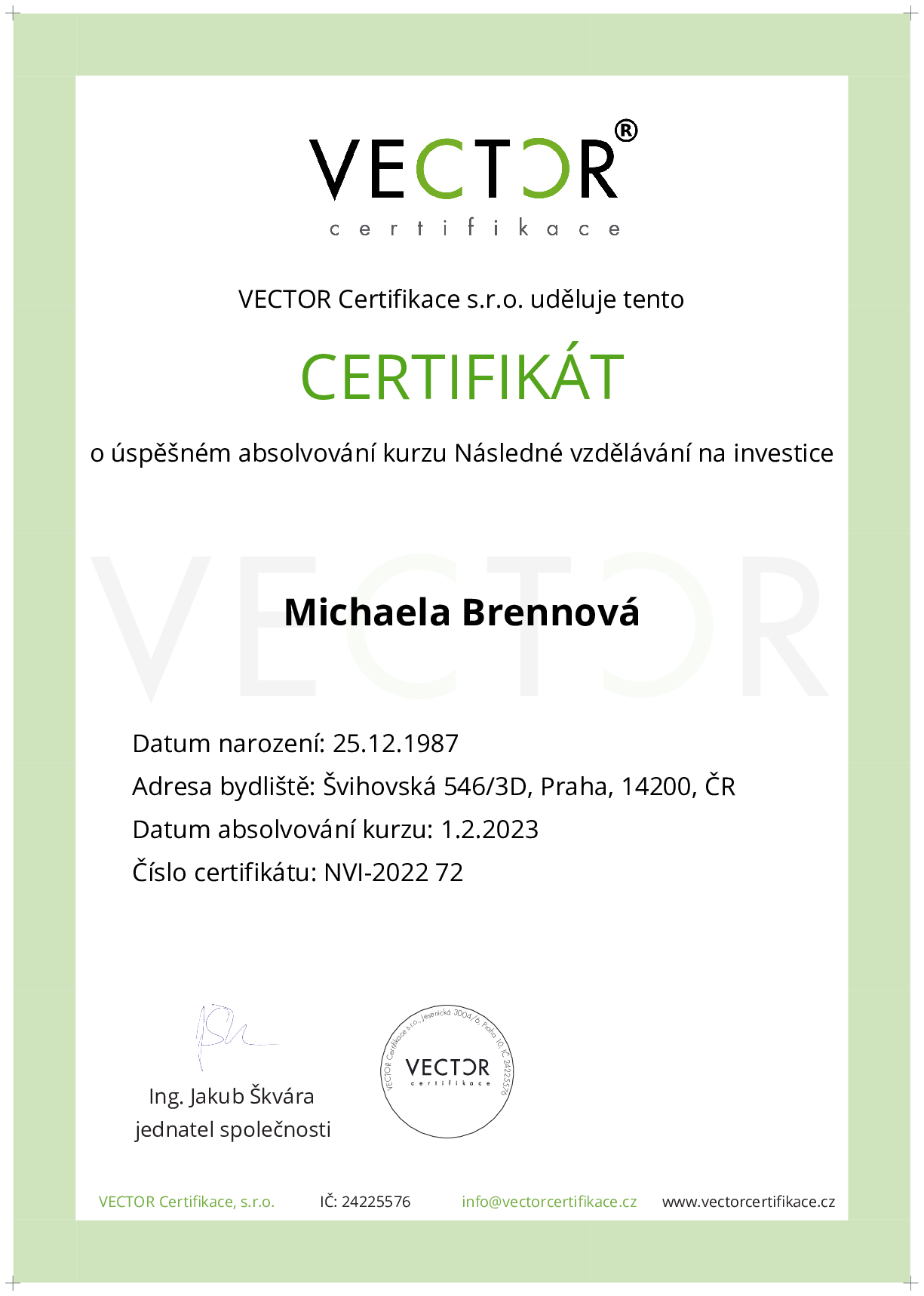 Osvědčení kurzu: Následné vzdělávání na investice (NVI-2022)