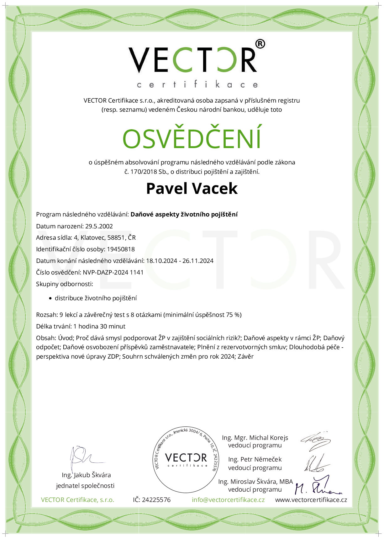 Osvědčení kurzu: Daňové aspekty životního pojištění (NVP-DAZP-2024)