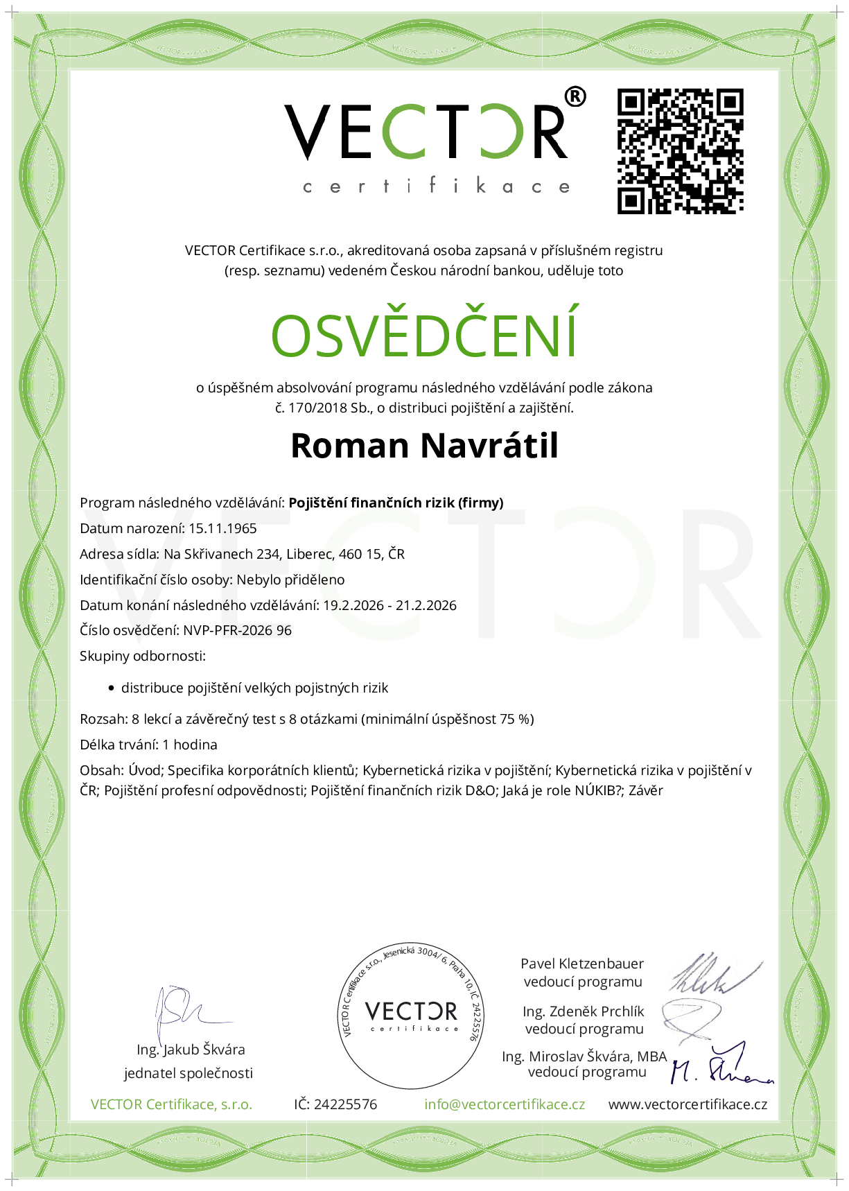 Osvědčení kurzu: Pojištění finančních rizik (firmy) (NVP-PFR-2026)