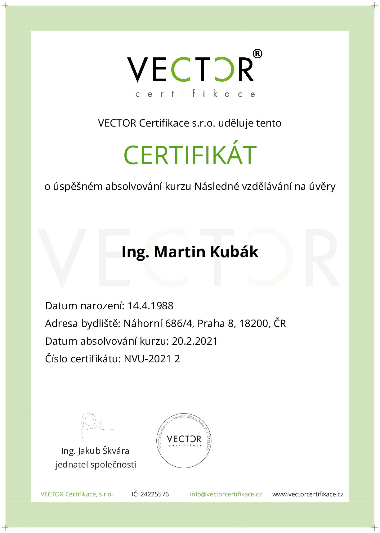 Osvědčení kurzu: Následné vzdělávání na úvěry (NVU-2021)
