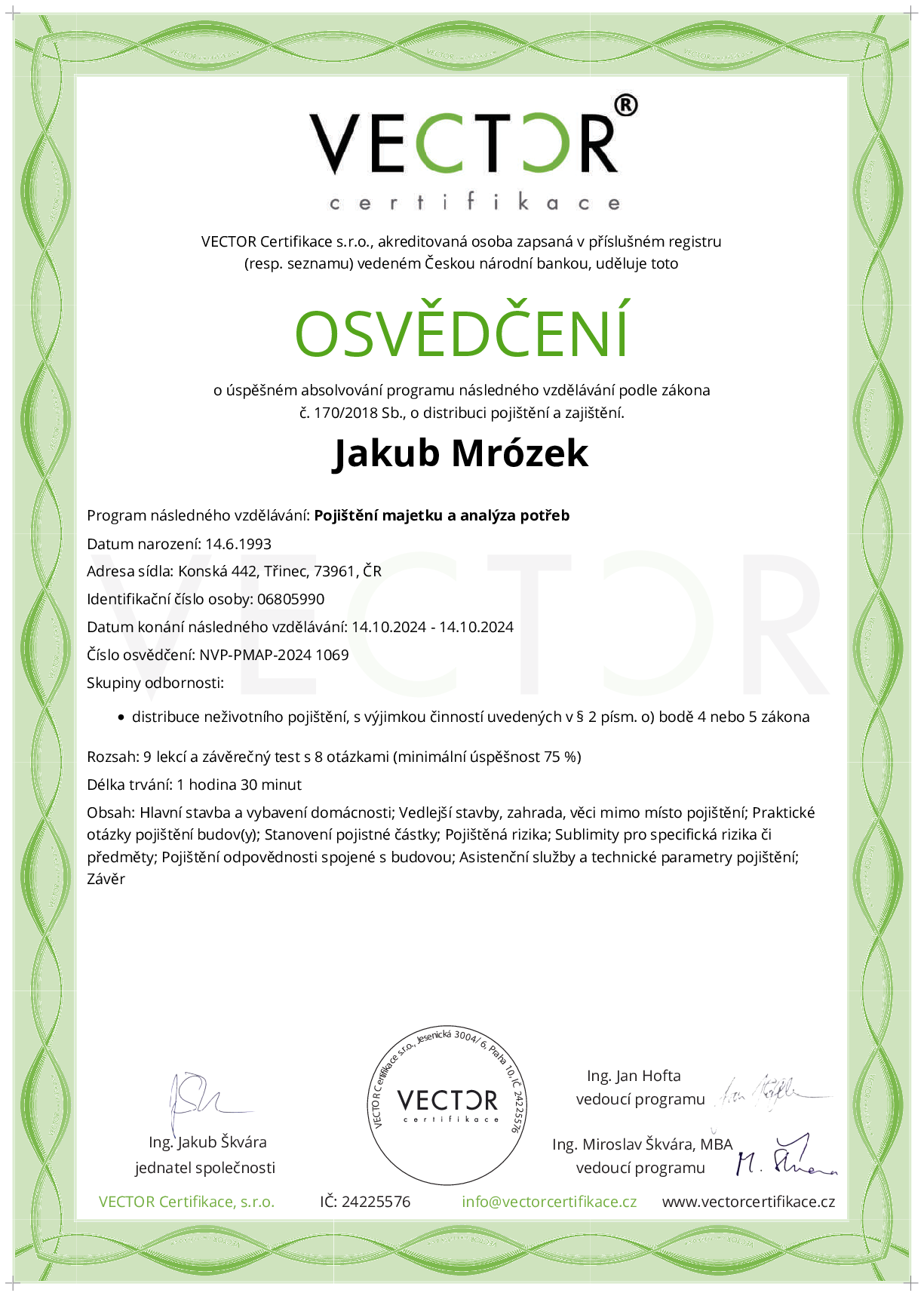 Osvědčení kurzu: Pojištění majetku a analýza potřeb (NVP-PMAP-2024)