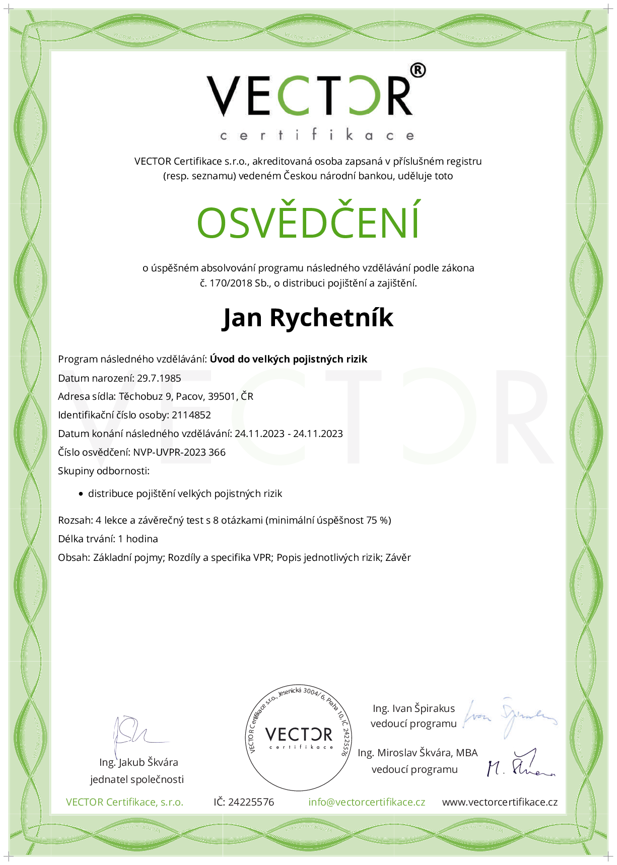 Osvědčení kurzu: Úvod do velkých pojistných rizik (NVP-UVPR-2023)