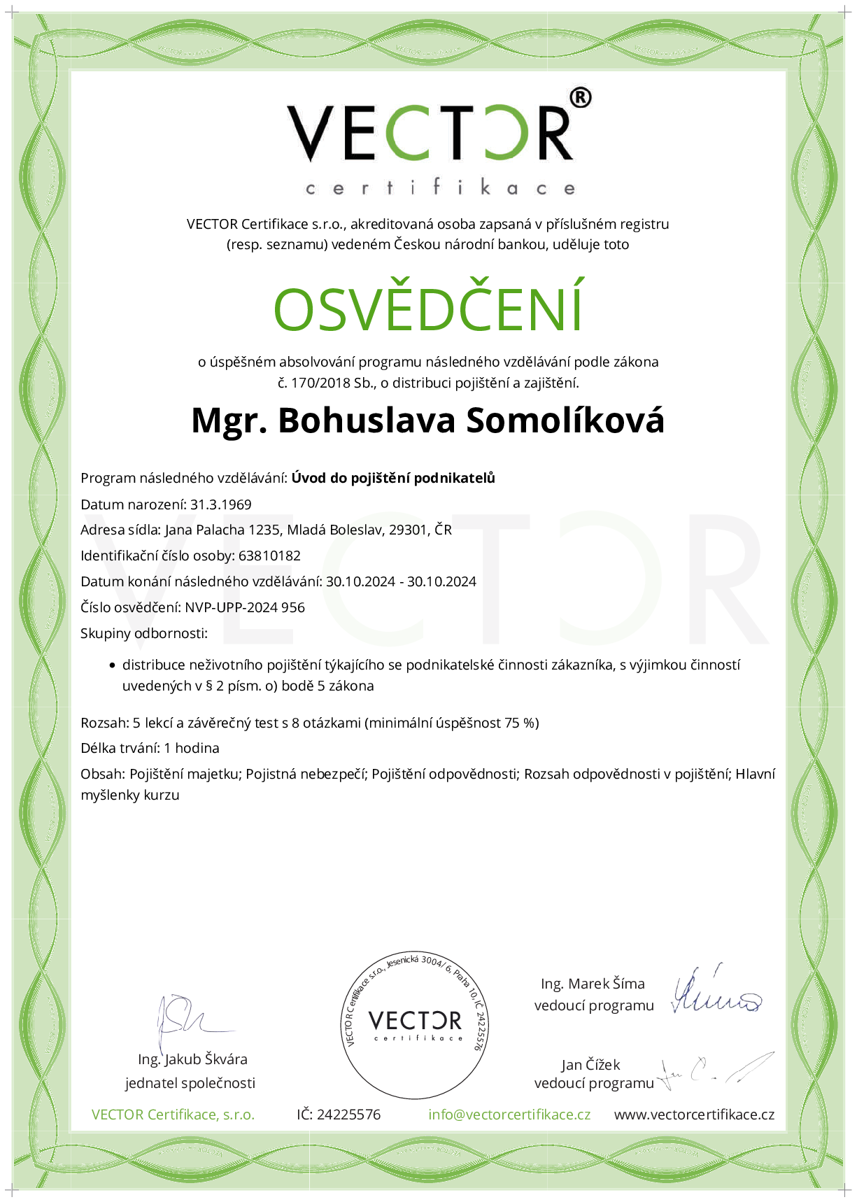 Osvědčení kurzu: Úvod do pojištění podnikatelů (NVP-UPP-2024)