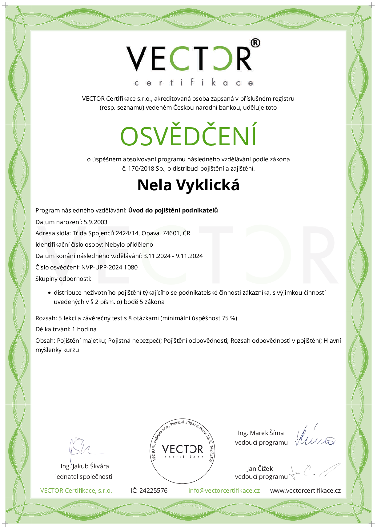 Osvědčení kurzu: Úvod do pojištění podnikatelů (NVP-UPP-2024)