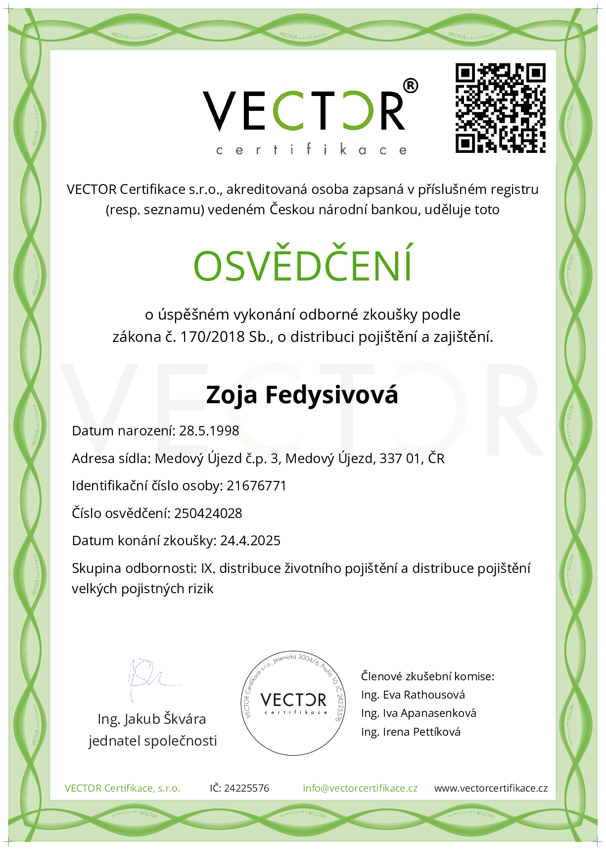 Osvědčení ze zkoušky: IX. POJ-ABC - Souhrnná zkouška na pojištění