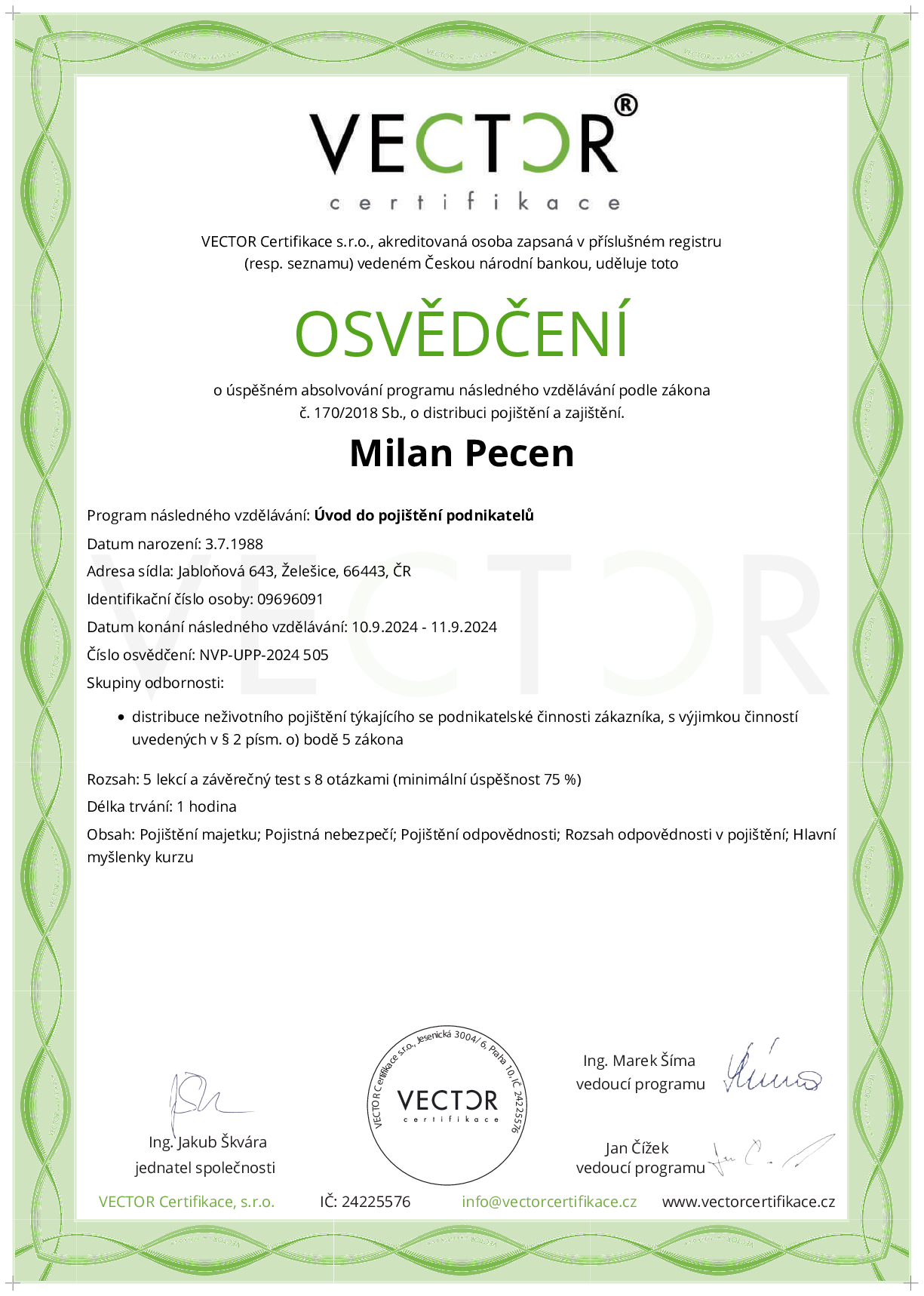 Osvědčení kurzu: Úvod do pojištění podnikatelů (NVP-UPP-2024)