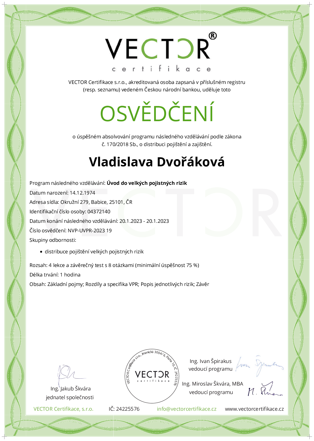 Osvědčení kurzu: Úvod do velkých pojistných rizik (NVP-UVPR-2023)