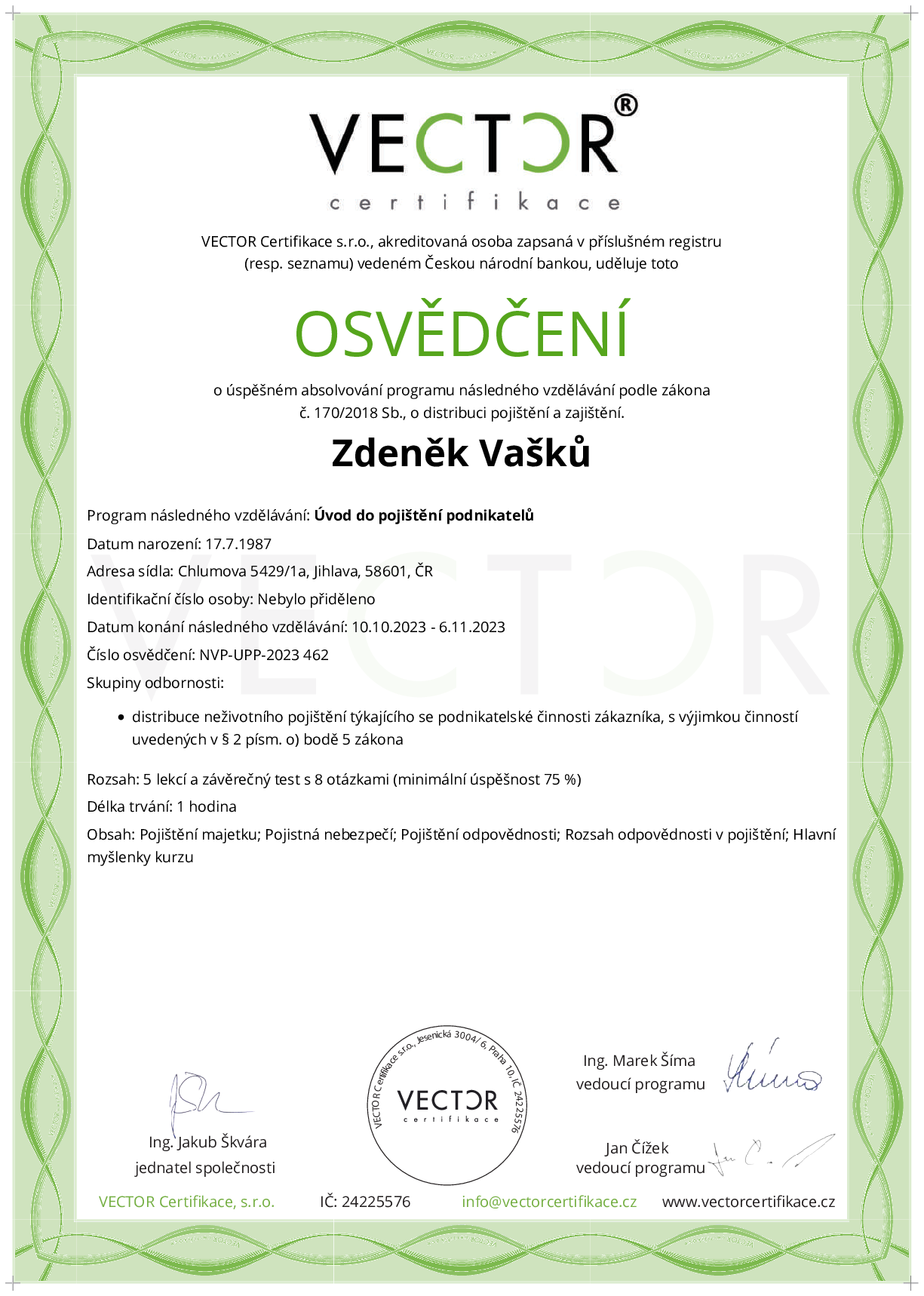 Osvědčení kurzu: Úvod do pojištění podnikatelů (NVP-UPP-2023)