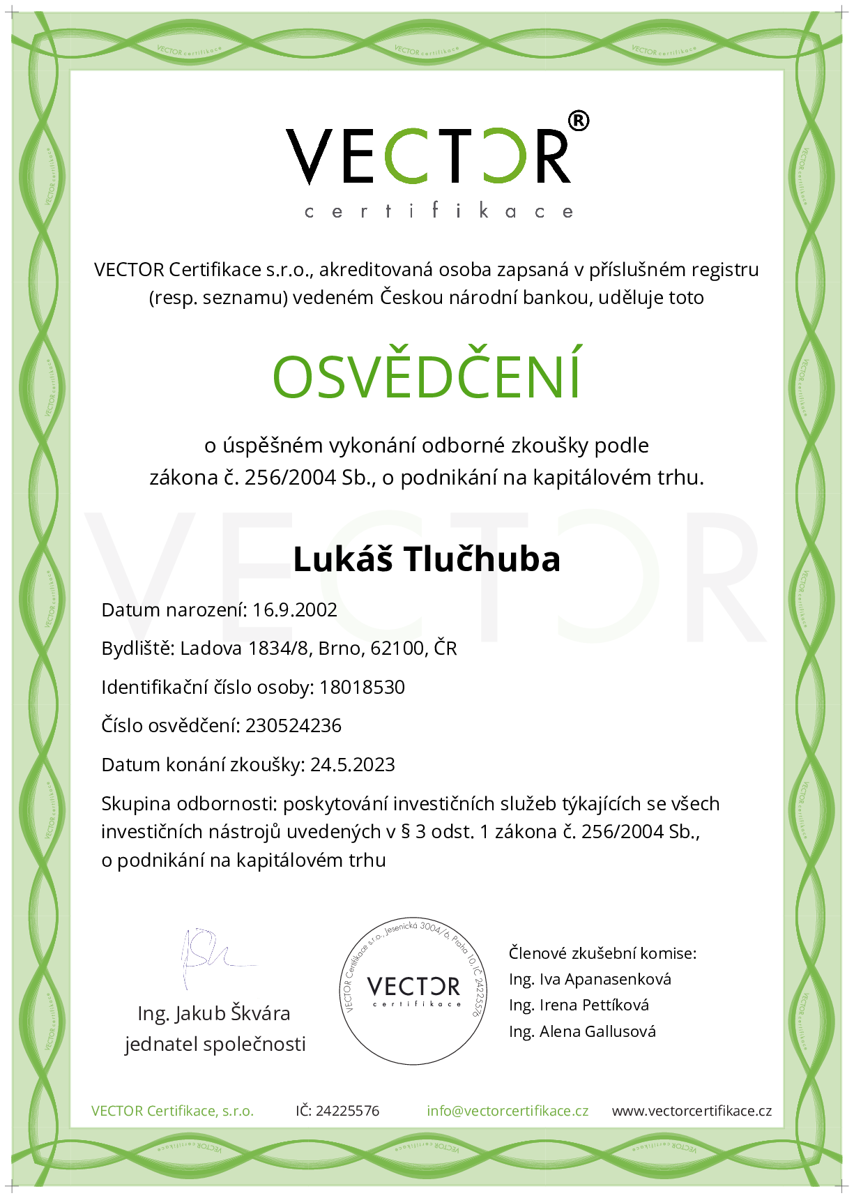 Osvědčení ze zkoušky: II. INV-ABC - Souhrnná zkouška pro všechny investiční nástroje