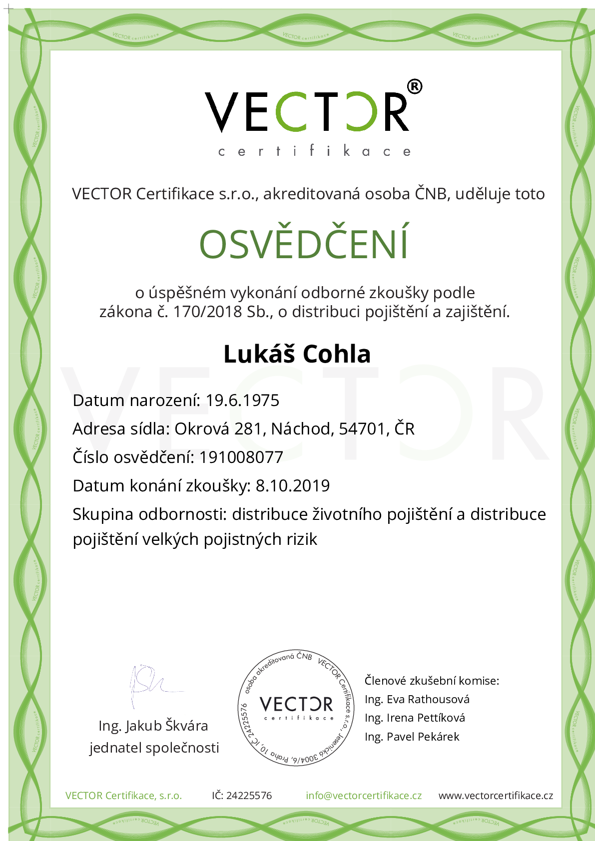 Osvědčení ze zkoušky: IX. POJ-ABC - Souhrnná zkouška na pojištění
