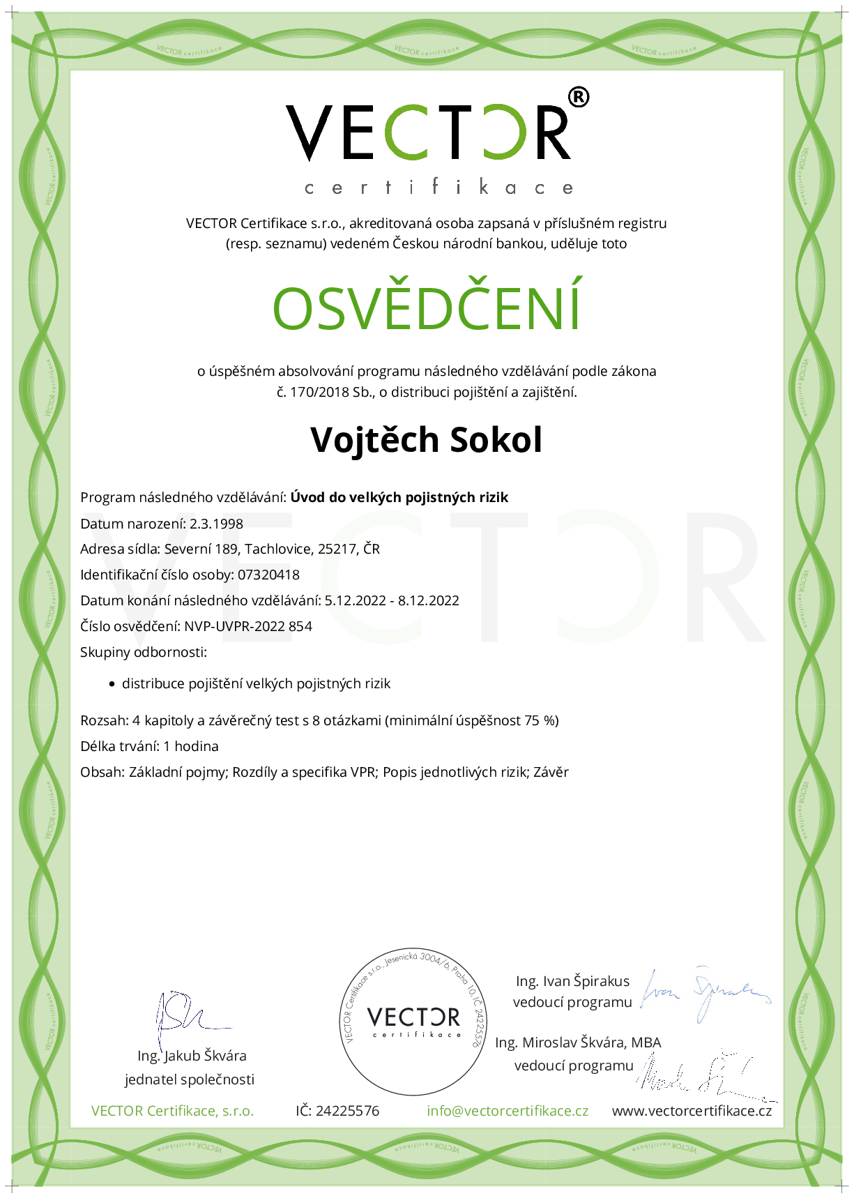 Osvědčení kurzu: Úvod do velkých pojistných rizik (NVP-UVPR-2022)
