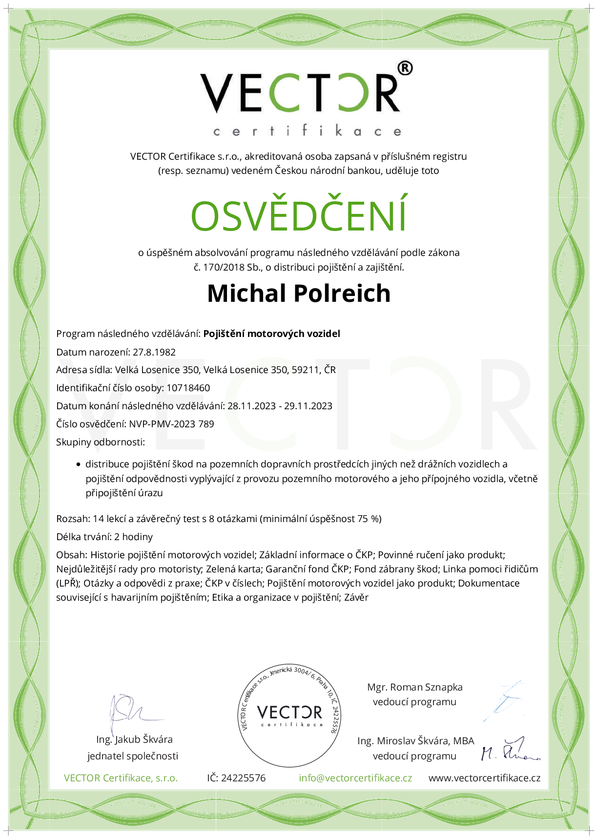 Osvědčení kurzu: Pojištění motorových vozidel (NVP-PMV-2023)