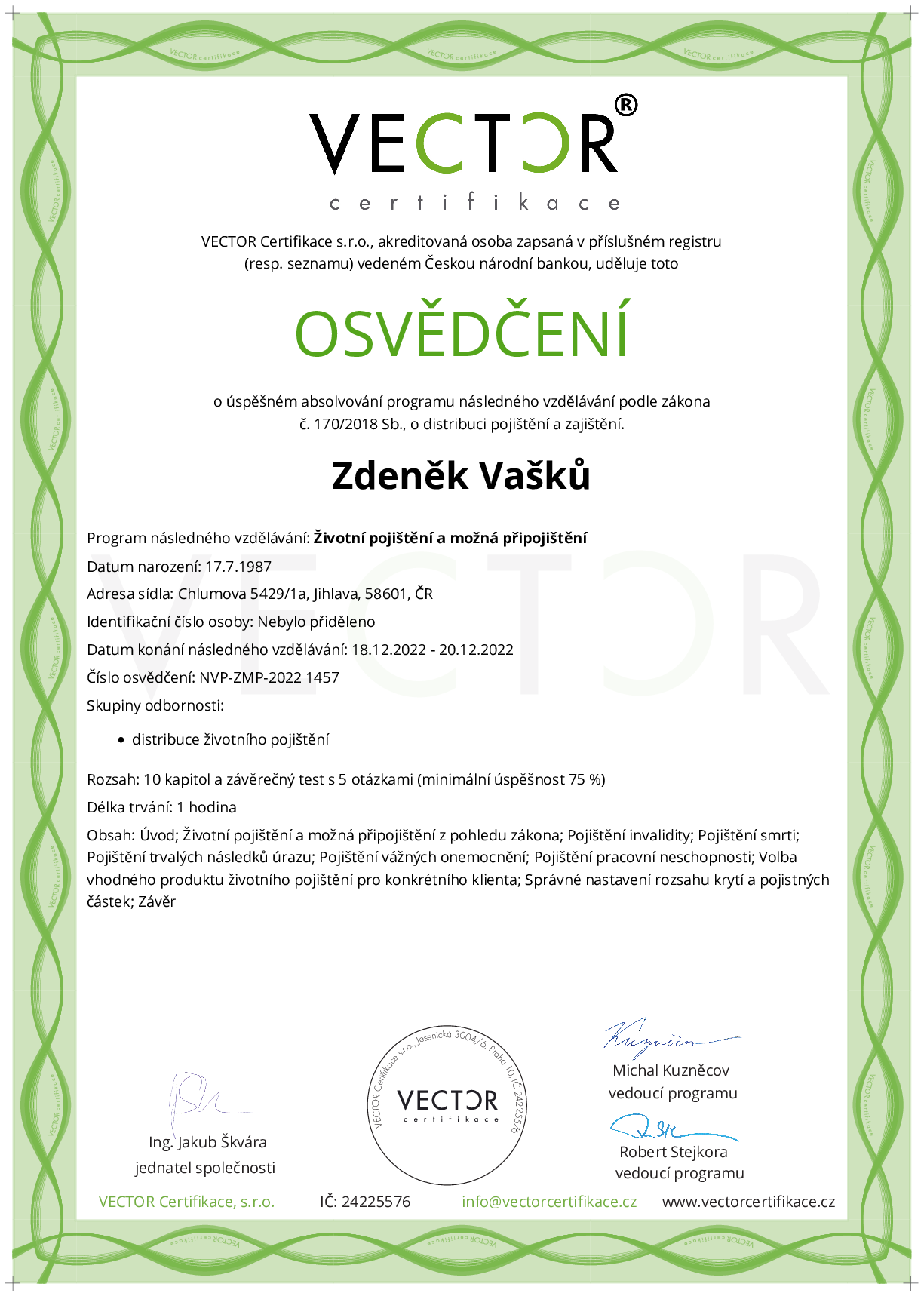 Osvědčení kurzu: Životní pojištění a možná připojištění (NVP-ZMP-2022)