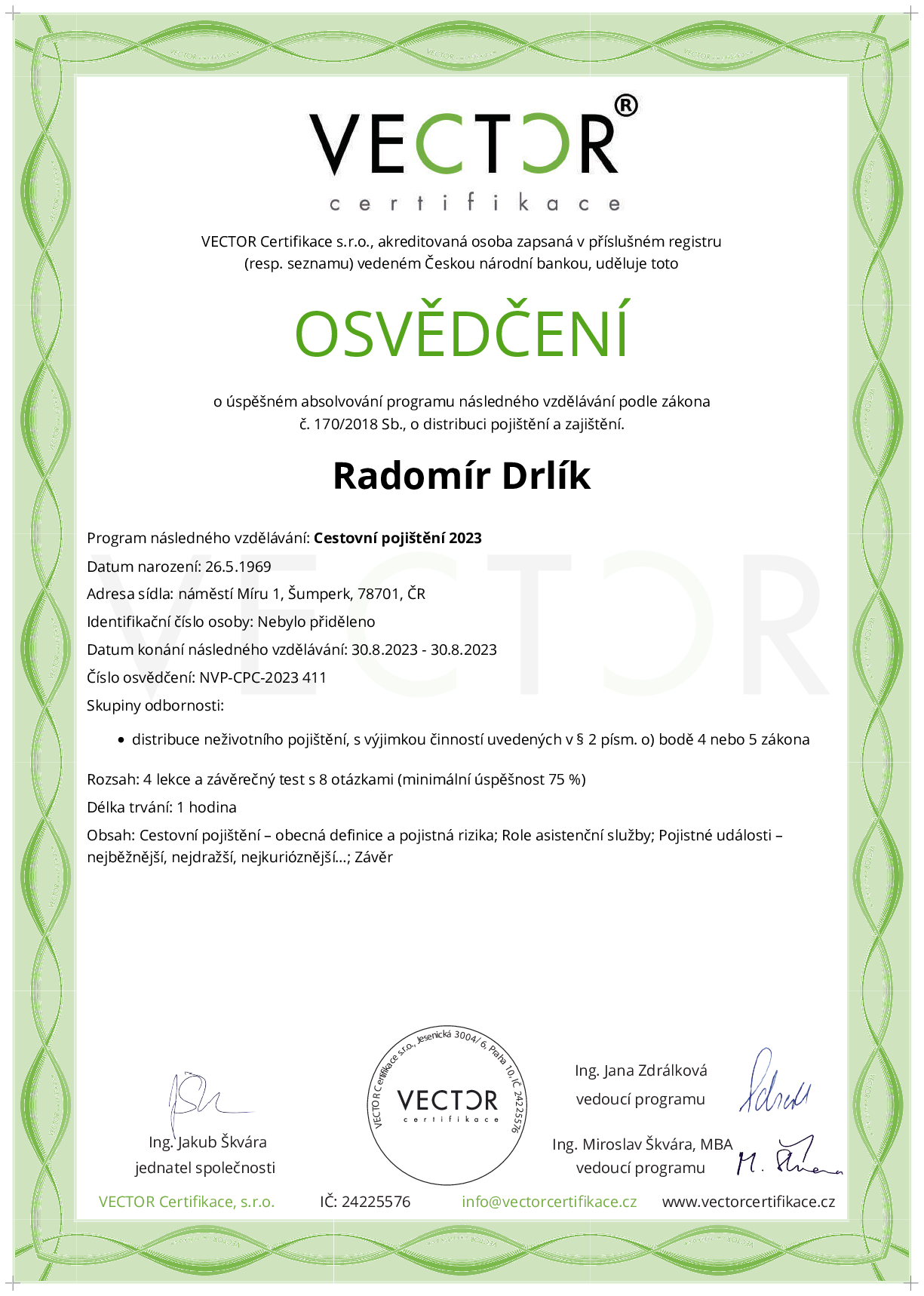 Osvědčení kurzu: Cestovní pojištění 2023 (NVP-CPC-2023)