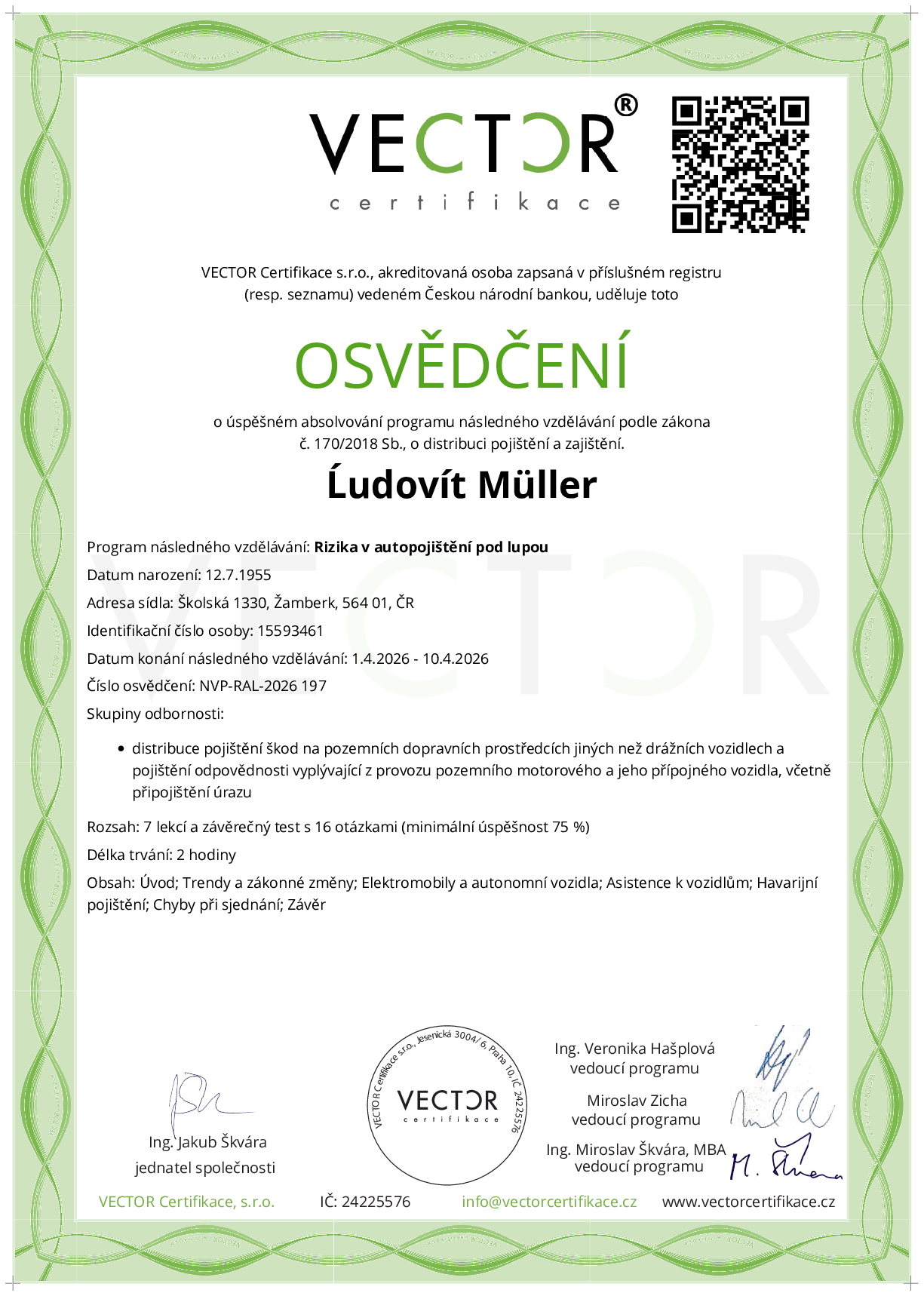 Osvědčení kurzu: Rizika v autopojištění pod lupou (NVP-RAL-2026)