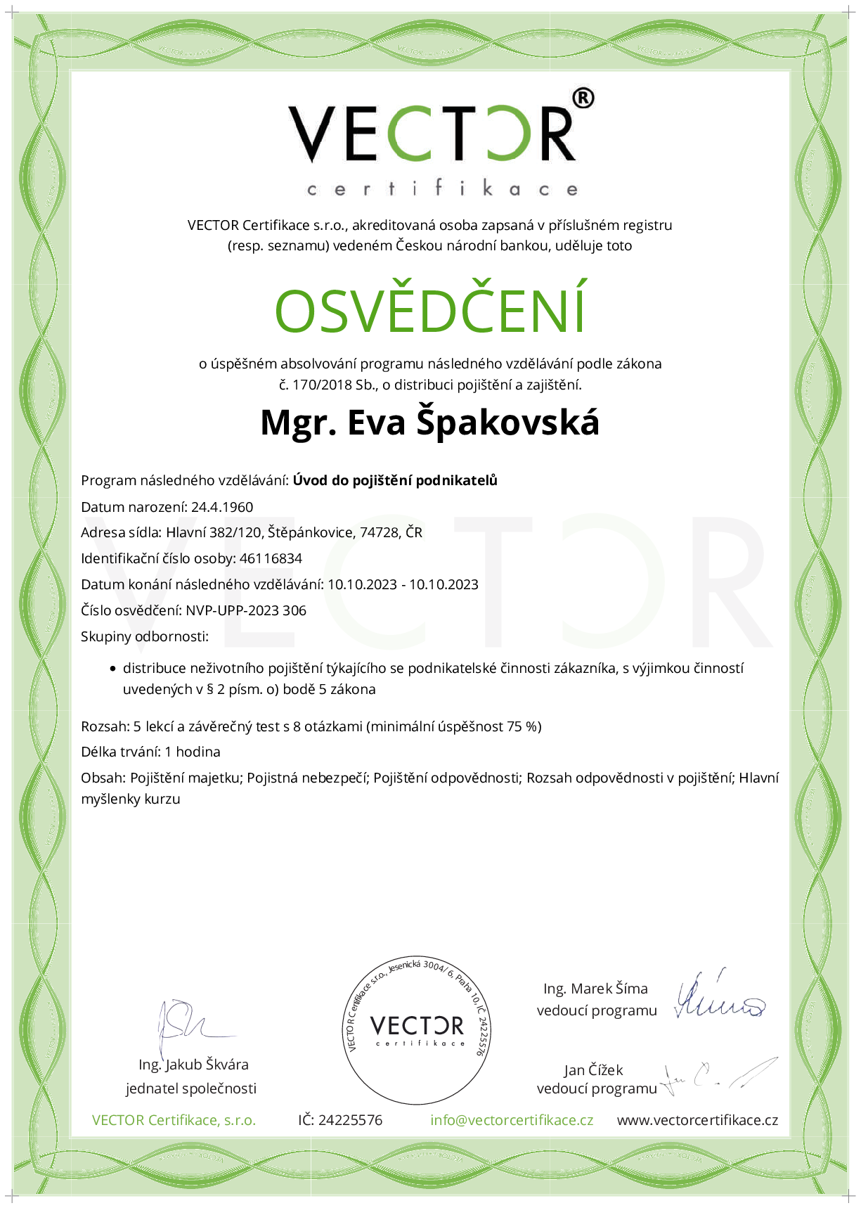 Osvědčení kurzu: Úvod do pojištění podnikatelů (NVP-UPP-2023)