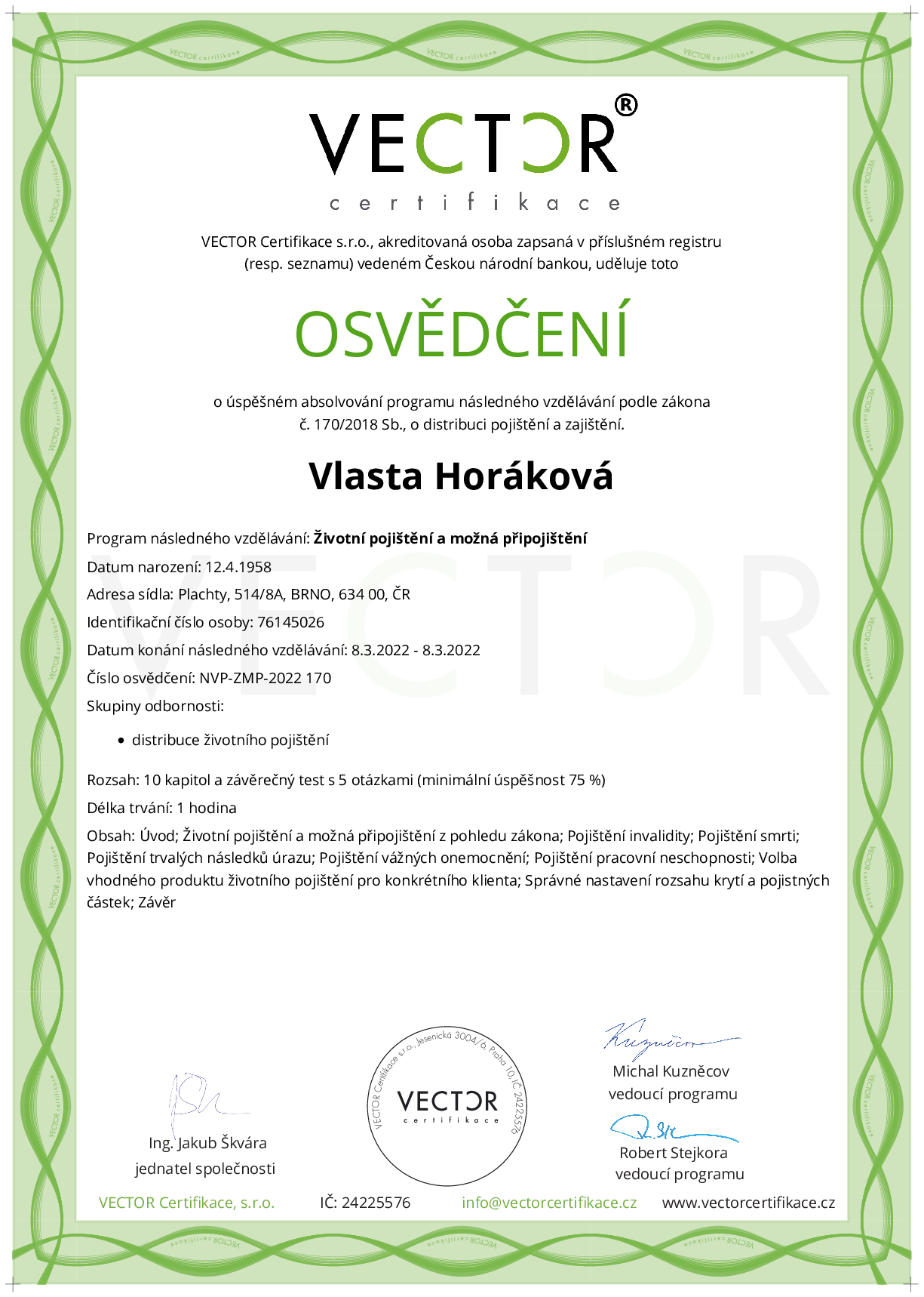Osvědčení kurzu: Životní pojištění a možná připojištění (NVP-ZMP-2022)