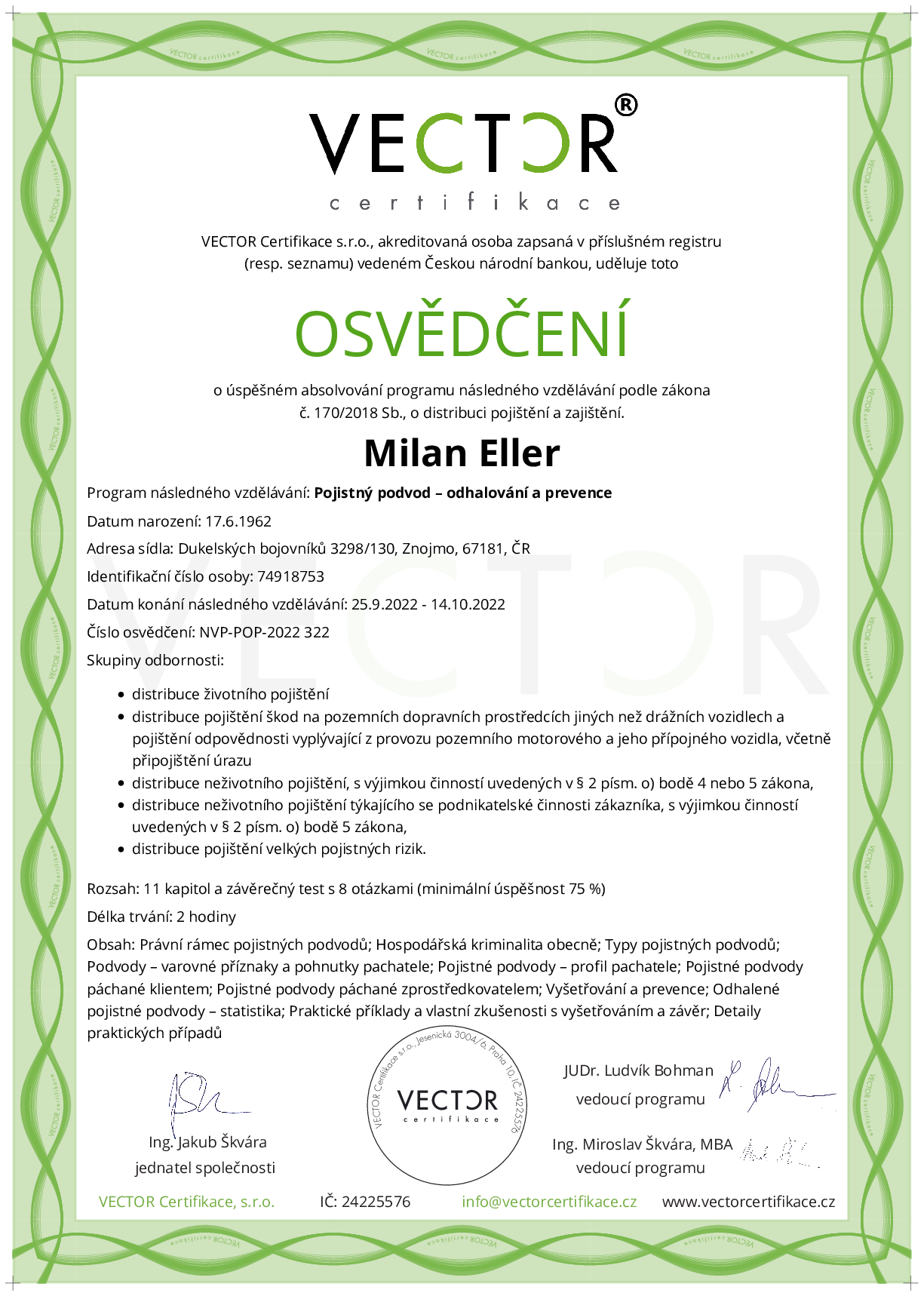 Osvědčení kurzu: Pojistný podvod – odhalování a prevence (NVP-POP-2022)