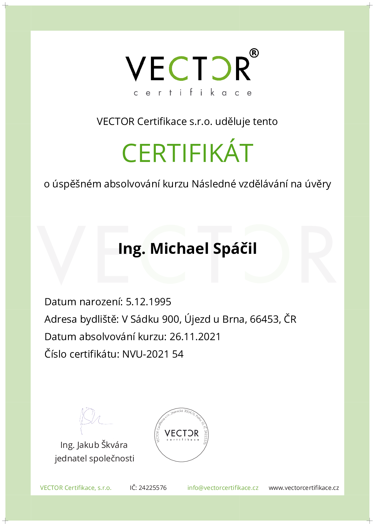 Osvědčení kurzu: Následné vzdělávání na úvěry (NVU-2021)