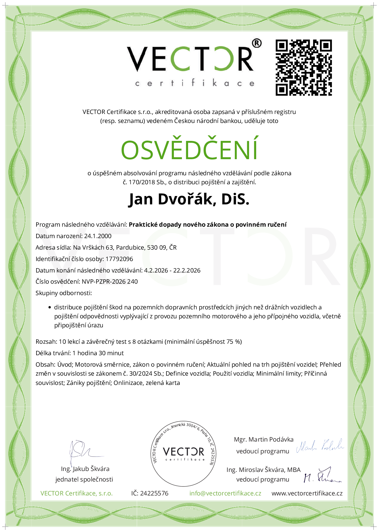 Osvědčení kurzu: Praktické dopady nového zákona o povinném ručení (NVP-PZPR-2026)