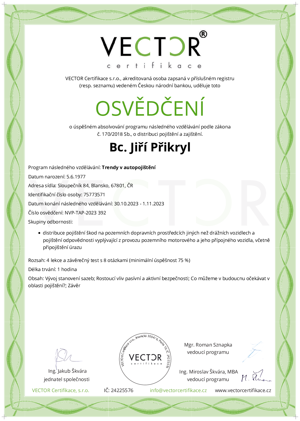 Osvědčení kurzu: Trendy v autopojištění (NVP-TAP-2023)