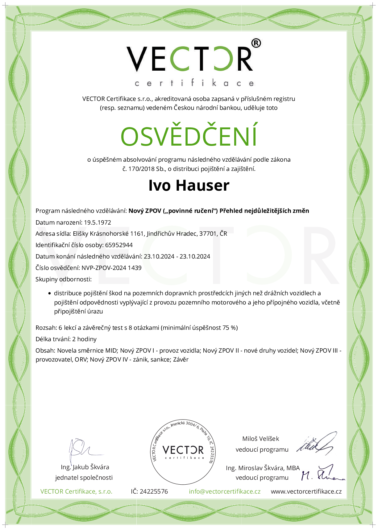 Osvědčení kurzu: Nový ZPOV („povinné ručení“) Přehled nejdůležitějších změn (NVP-ZPOV-2024)