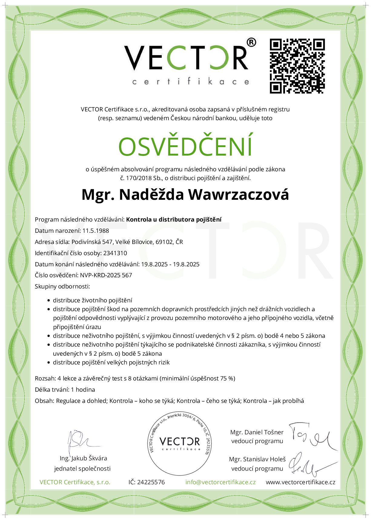 Osvědčení kurzu: Kontrola u distributora pojištění (NVP-KRD-2025)