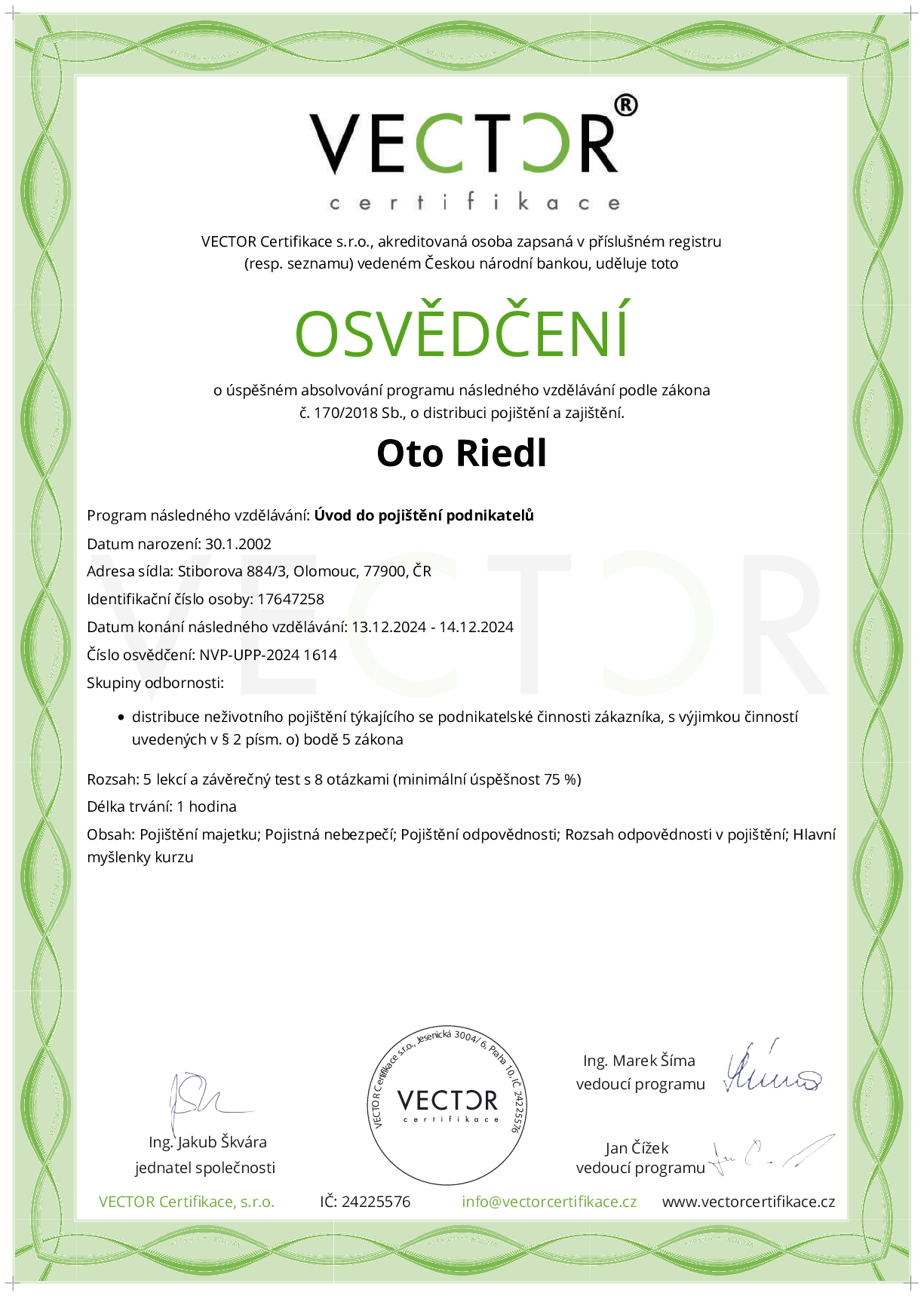 Osvědčení kurzu: Úvod do pojištění podnikatelů (NVP-UPP-2024)