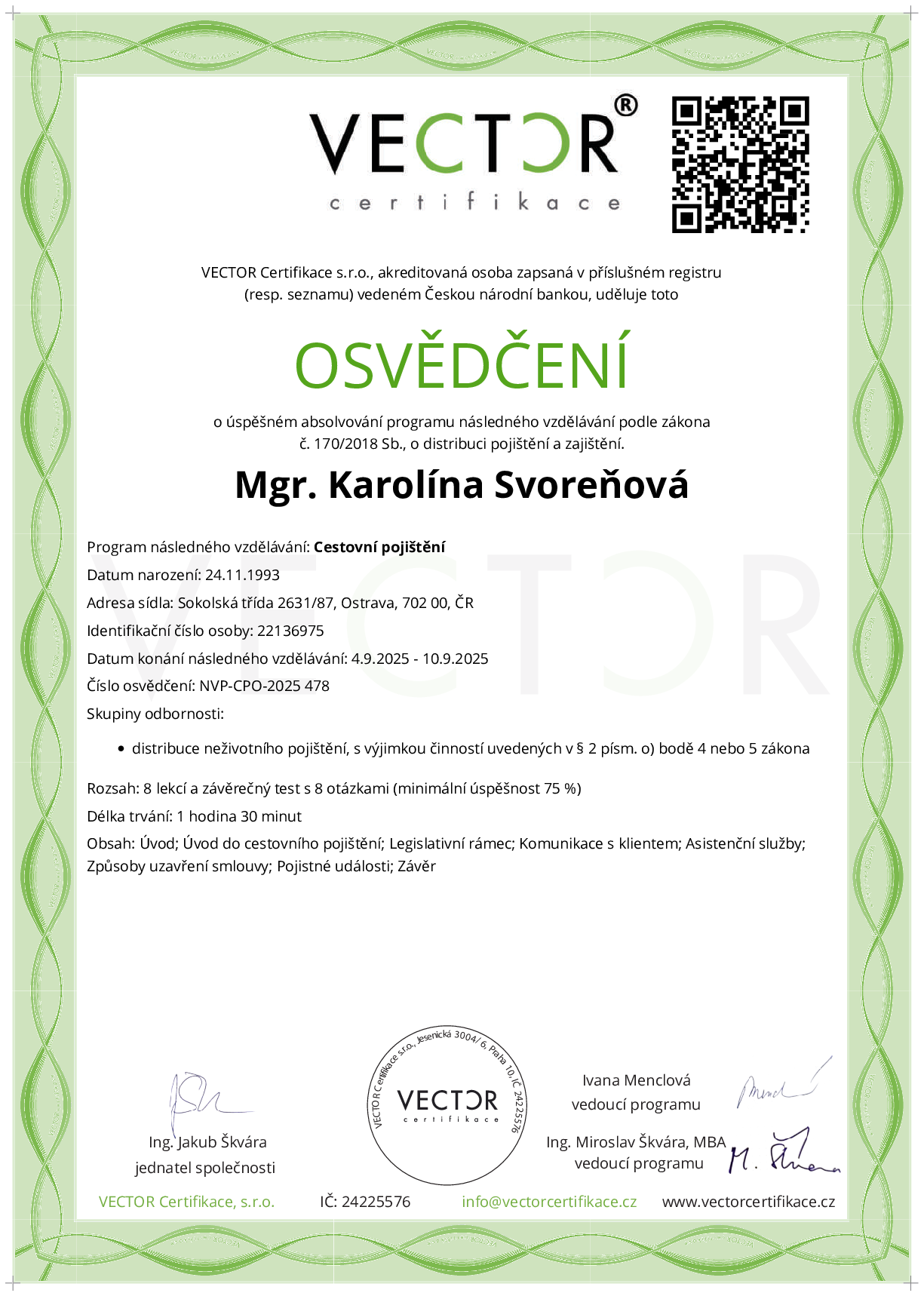 Osvědčení kurzu: Cestovní pojištění (NVP-CPO-2025)