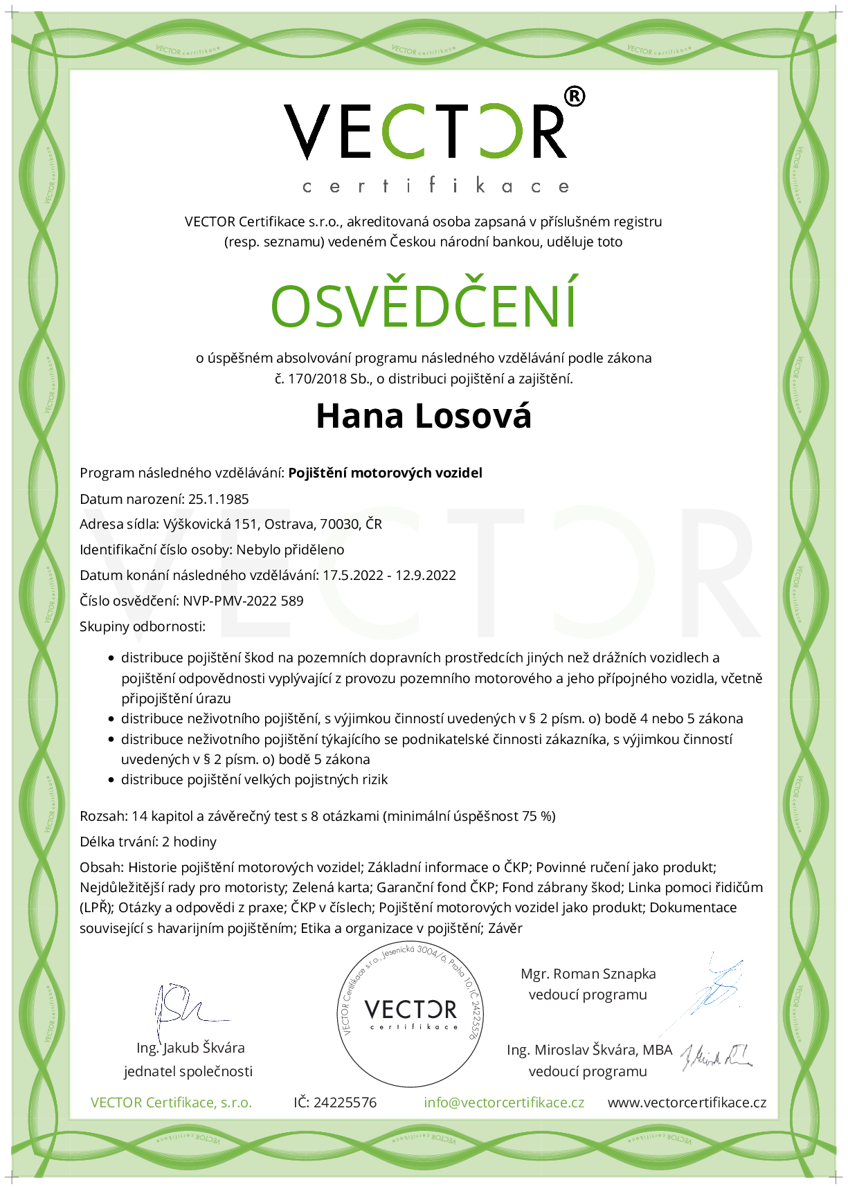 Osvědčení kurzu: Pojištění motorových vozidel (NVP-PMV-2022)