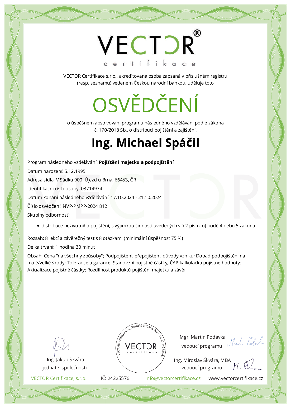 Osvědčení kurzu: Pojištění majetku a podpojištění (NVP-PMPP-2024)