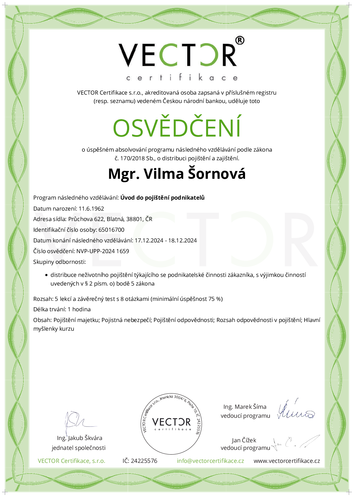 Osvědčení kurzu: Úvod do pojištění podnikatelů (NVP-UPP-2024)
