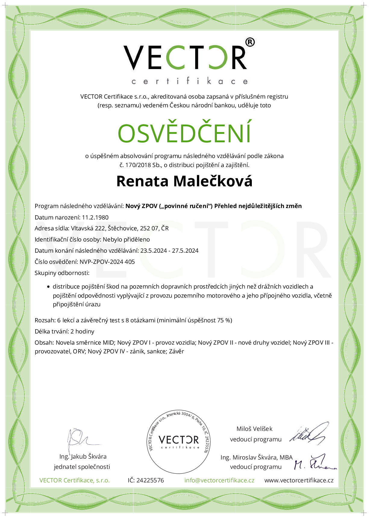 Osvědčení kurzu: Nový ZPOV („povinné ručení“) Přehled nejdůležitějších změn (NVP-ZPOV-2024)