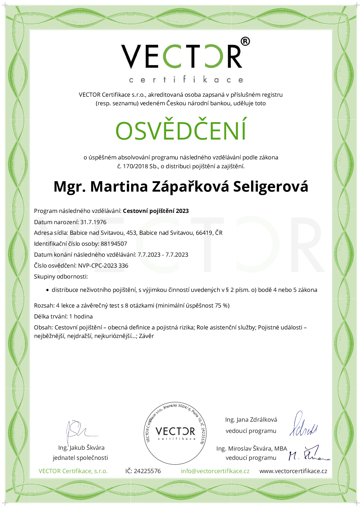 Osvědčení kurzu: Cestovní pojištění 2023 (NVP-CPC-2023)