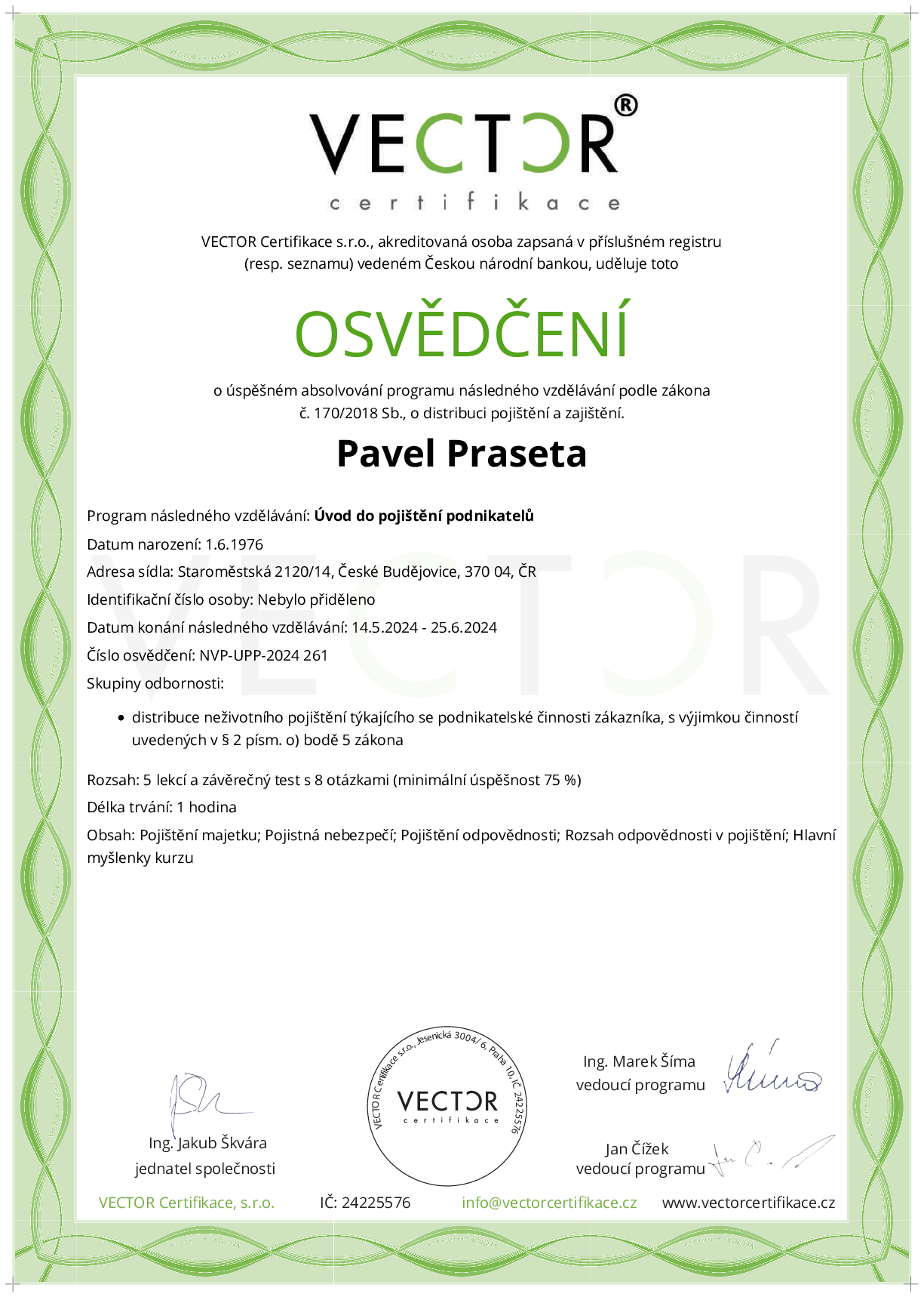 Osvědčení kurzu: Úvod do pojištění podnikatelů (NVP-UPP-2024)