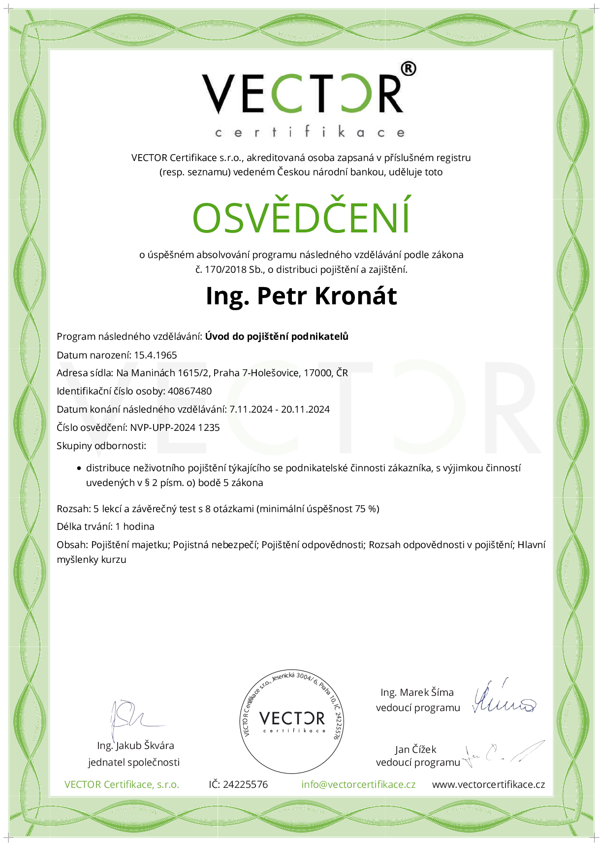 Osvědčení kurzu: Úvod do pojištění podnikatelů (NVP-UPP-2024)