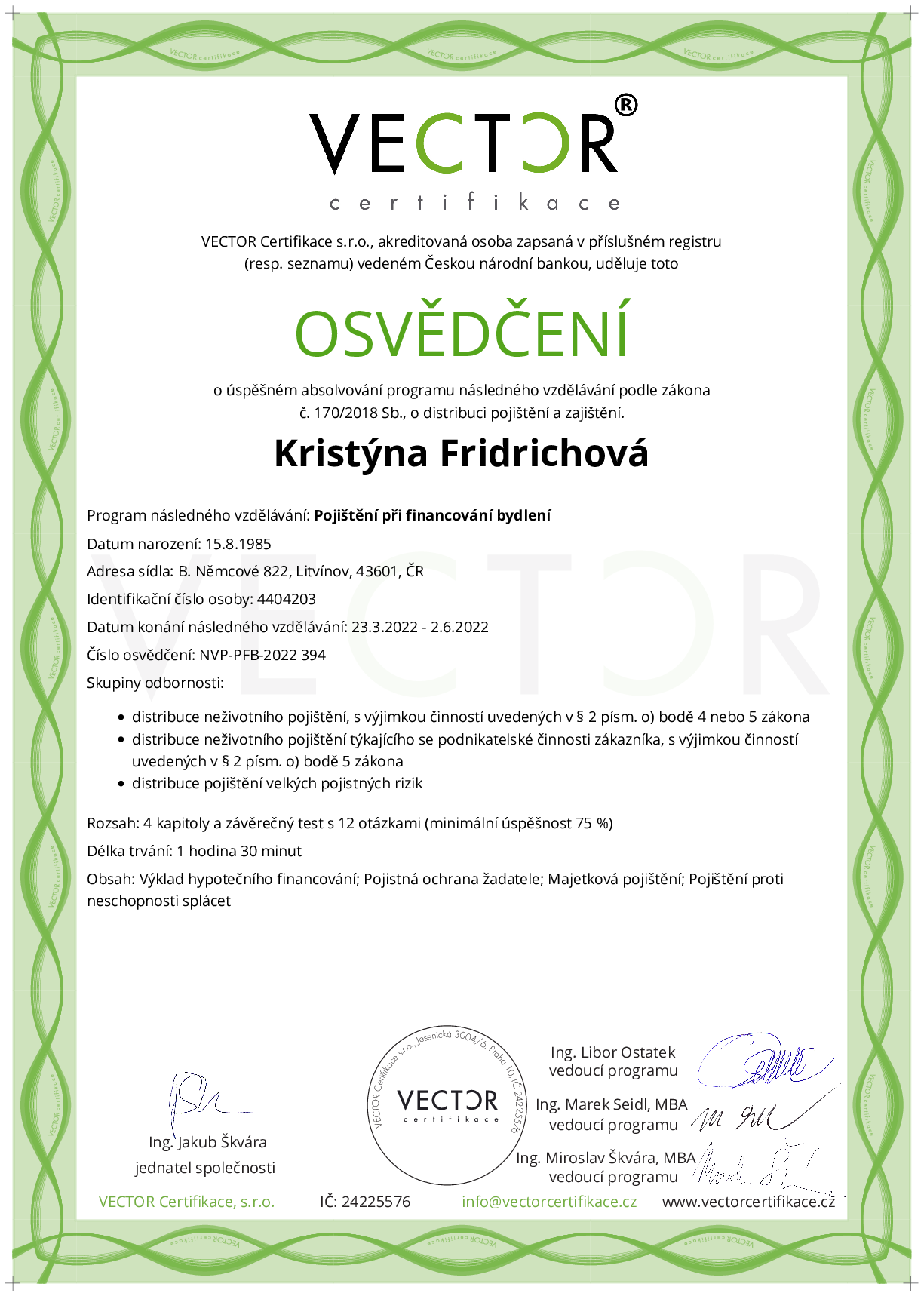 Osvědčení kurzu: Pojištění při financování bydlení (NVP-PFB-2022)